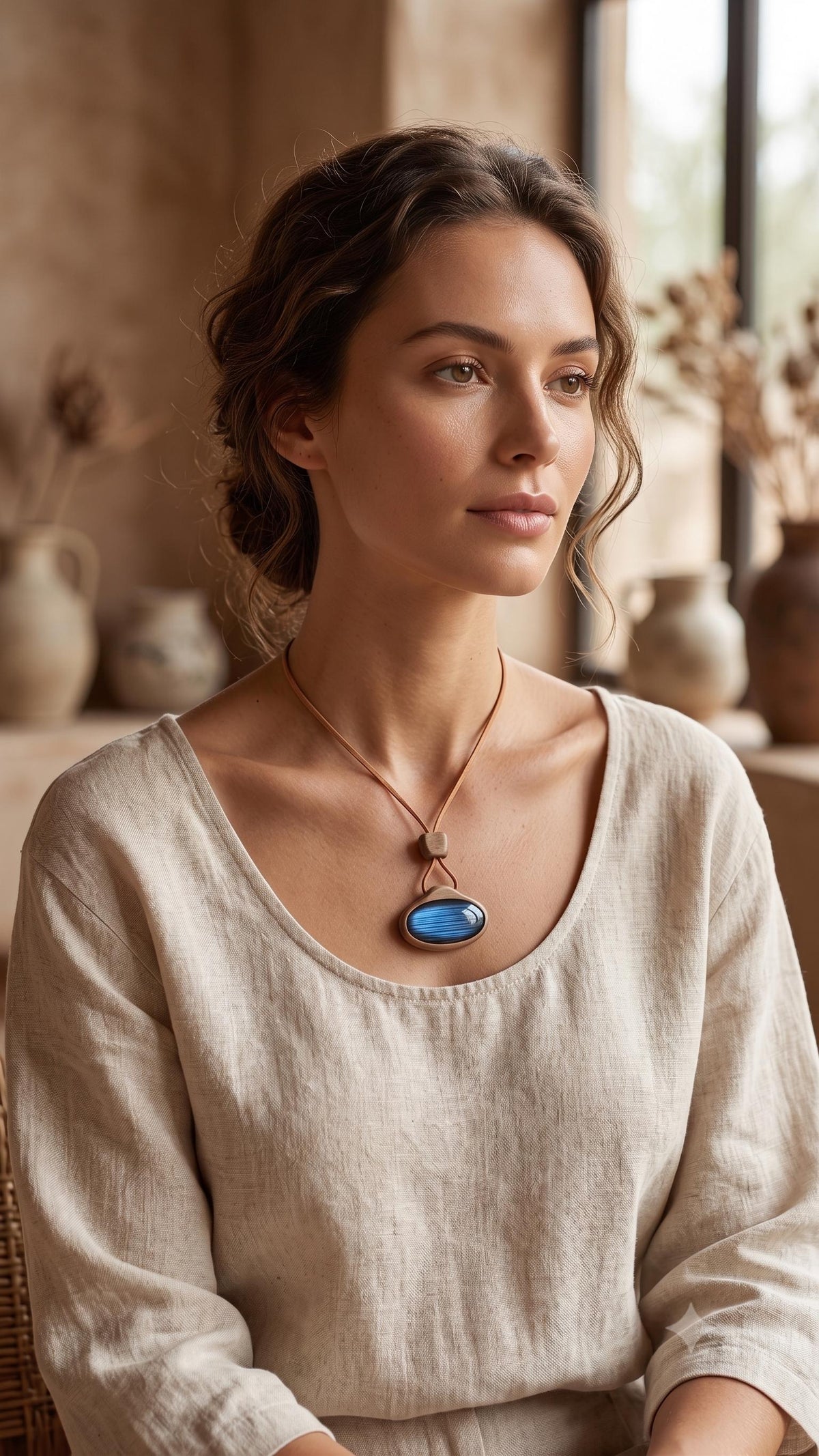 Reversible Artisan Pendant: Chatoyant Blue Labradorite & Dried Flower, Carved Walnut Frame
