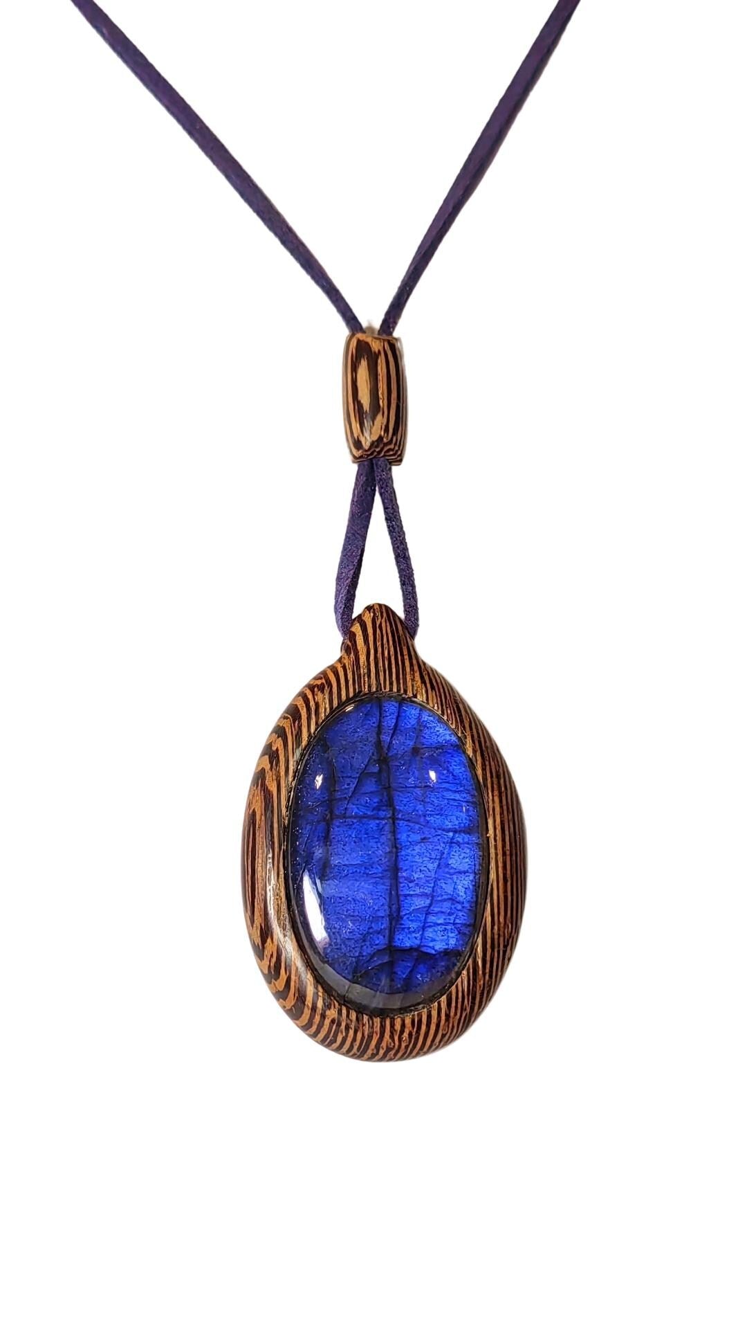 Wenge Wood Labradorite Pendant, Blue Suede Cord Necklace, Artisan Jewelry