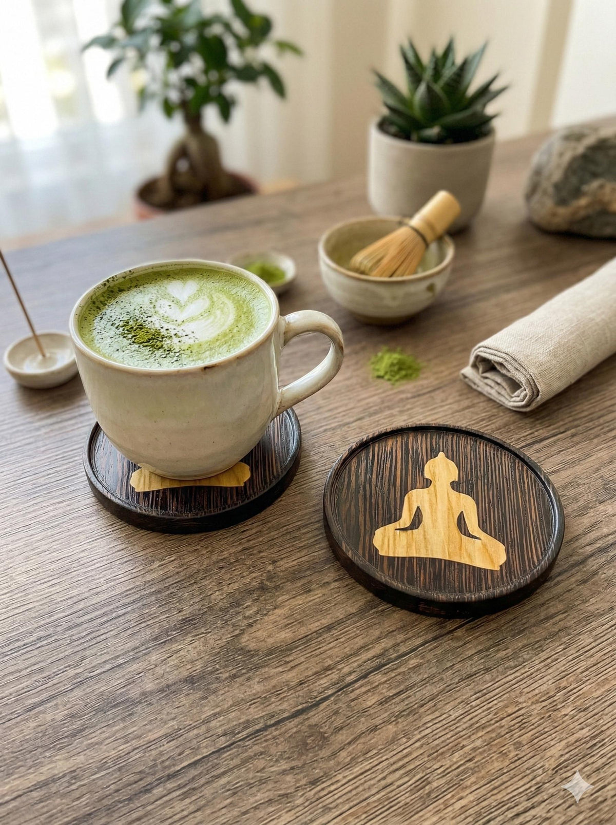 Wenge wood inlaid coaster with yoga theme.