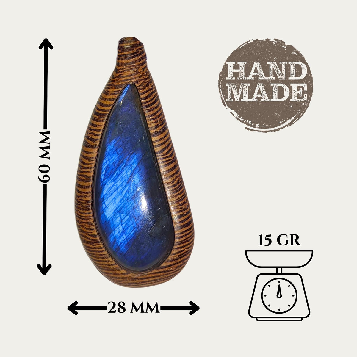 Drop Wenge Wood Labradorite Pendant, Blue Suede Cord Necklace, Artisan Jewelry