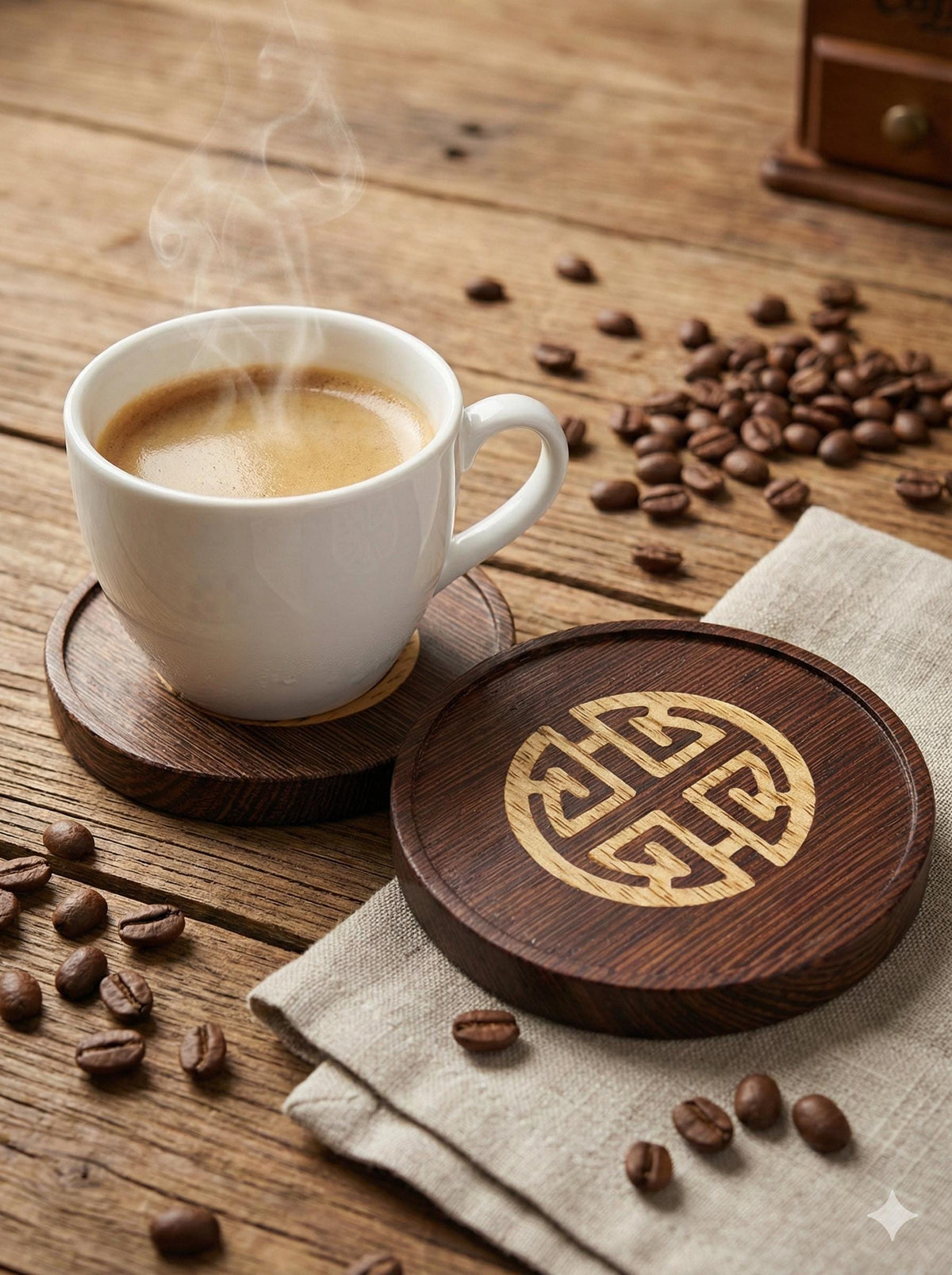 Wenge Wood Inlay Coaster with a "Symbol of Abundance" theme.