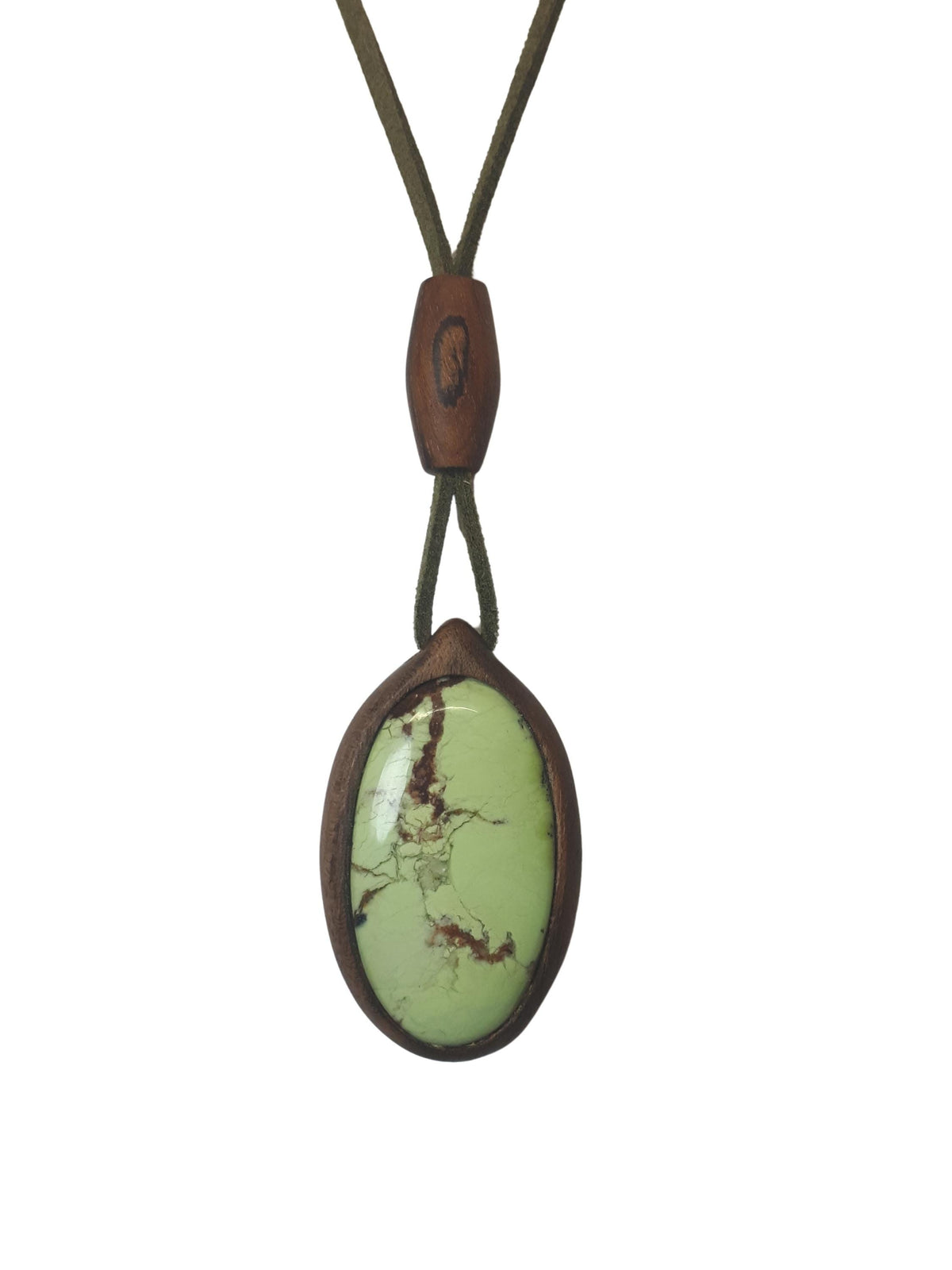 Lemon Chrysoprase Necklace, Handcarved American Walnut Wood Pendant, Boho Statement Jewelry