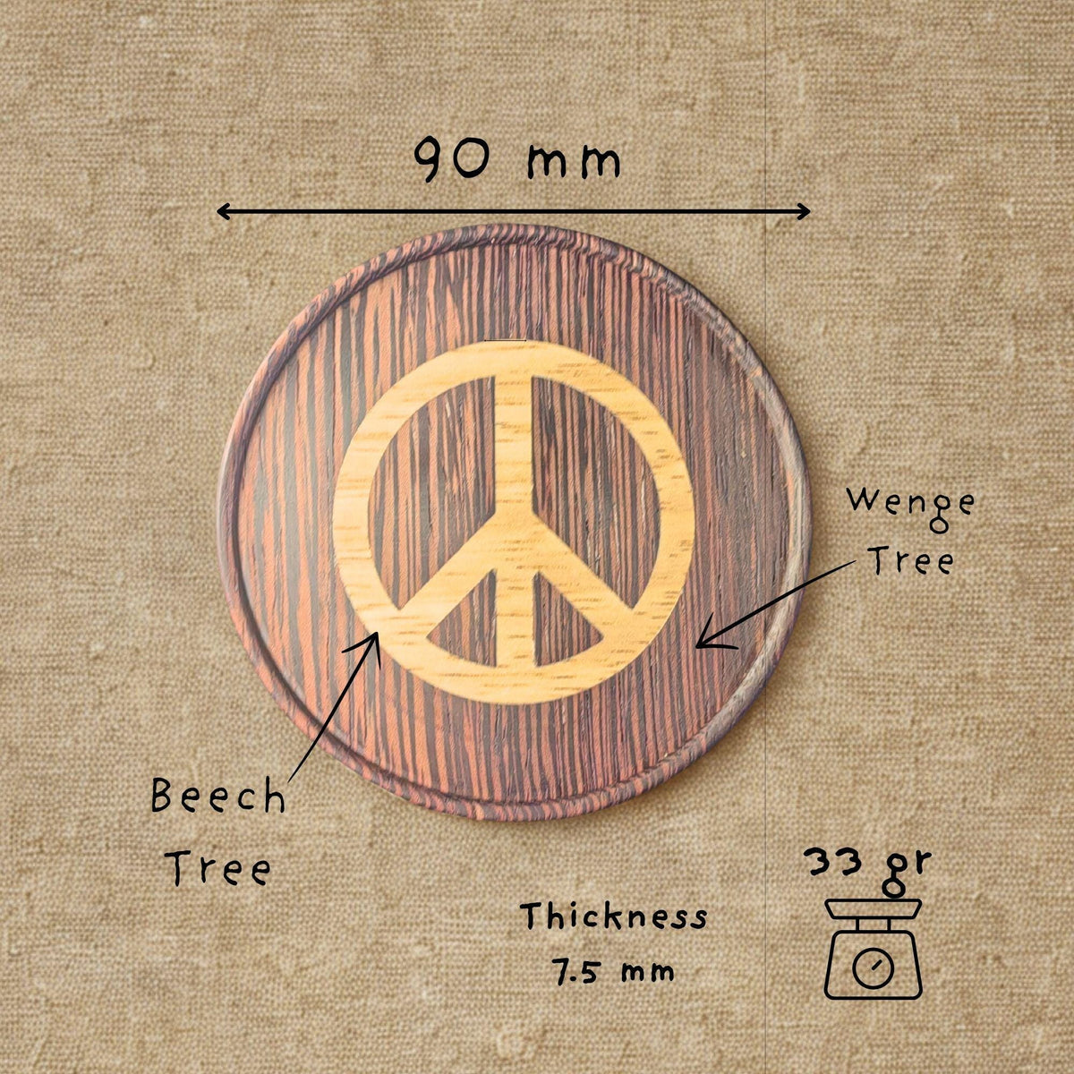 Wenge wood inlaid coaster. Nuclear disarmament symbol.
