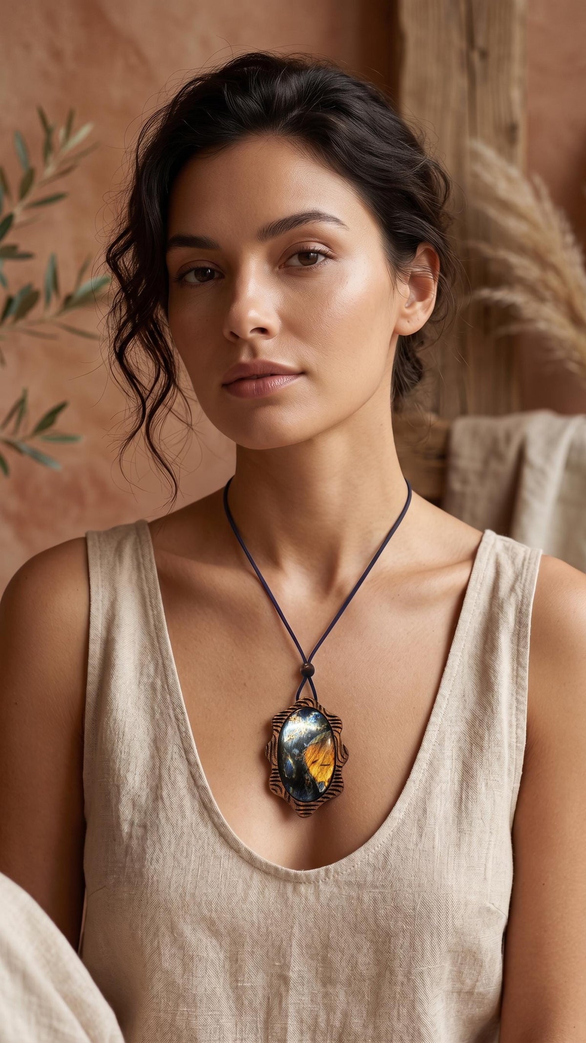 Large Labradorite Pendant Necklace, Carved American Walnut Wood, Wave Effect, Suede Cord