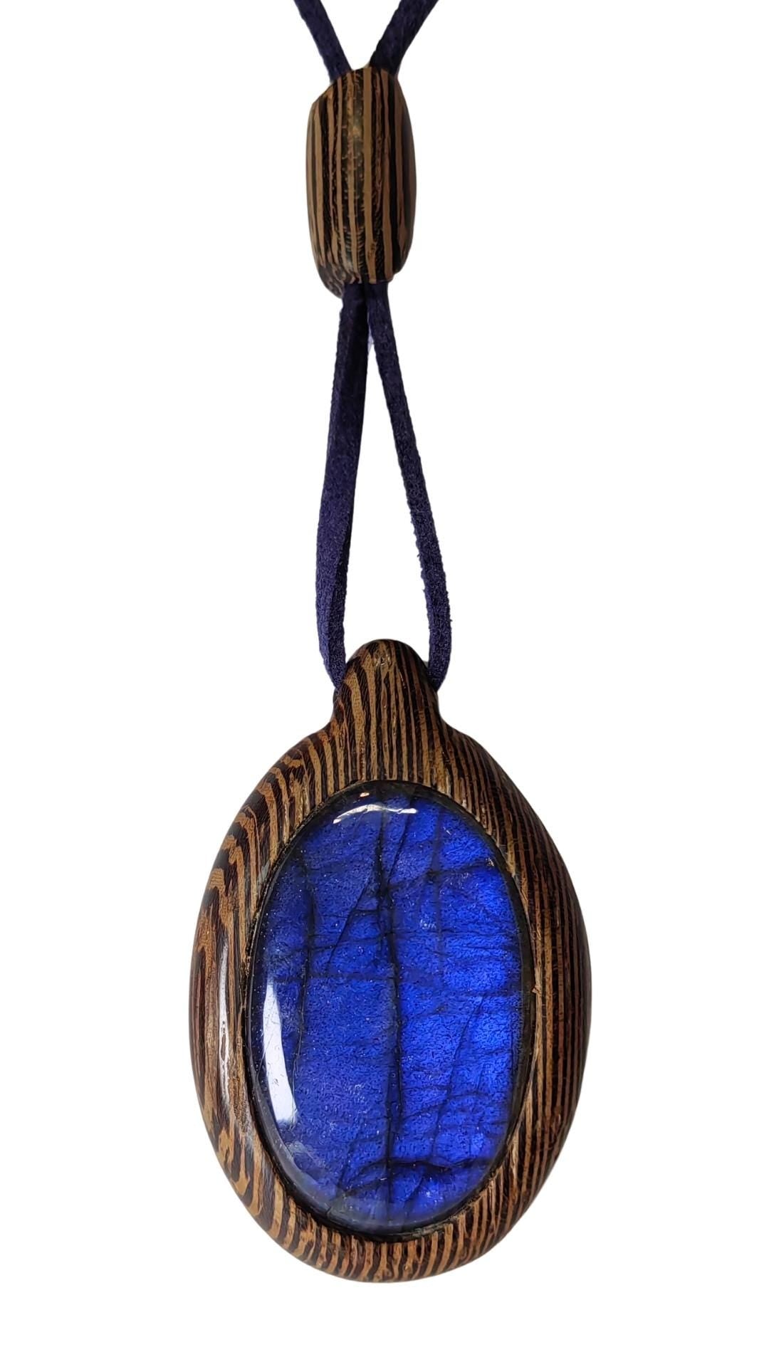 Wenge Wood Labradorite Pendant, Blue Suede Cord Necklace, Artisan Jewelry