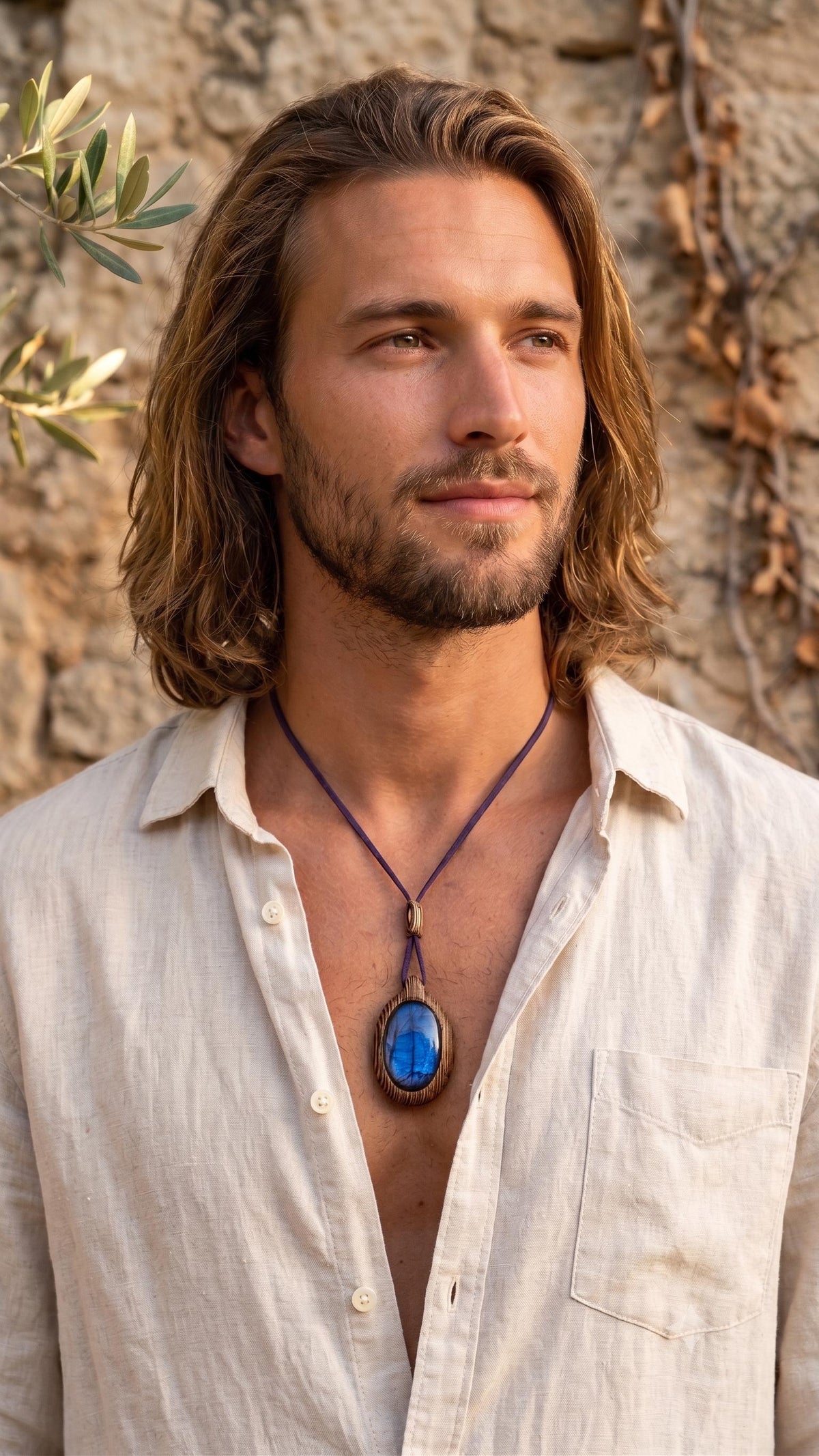 Wenge Wood Labradorite Pendant, Blue Suede Cord Necklace, Artisan Jewelry