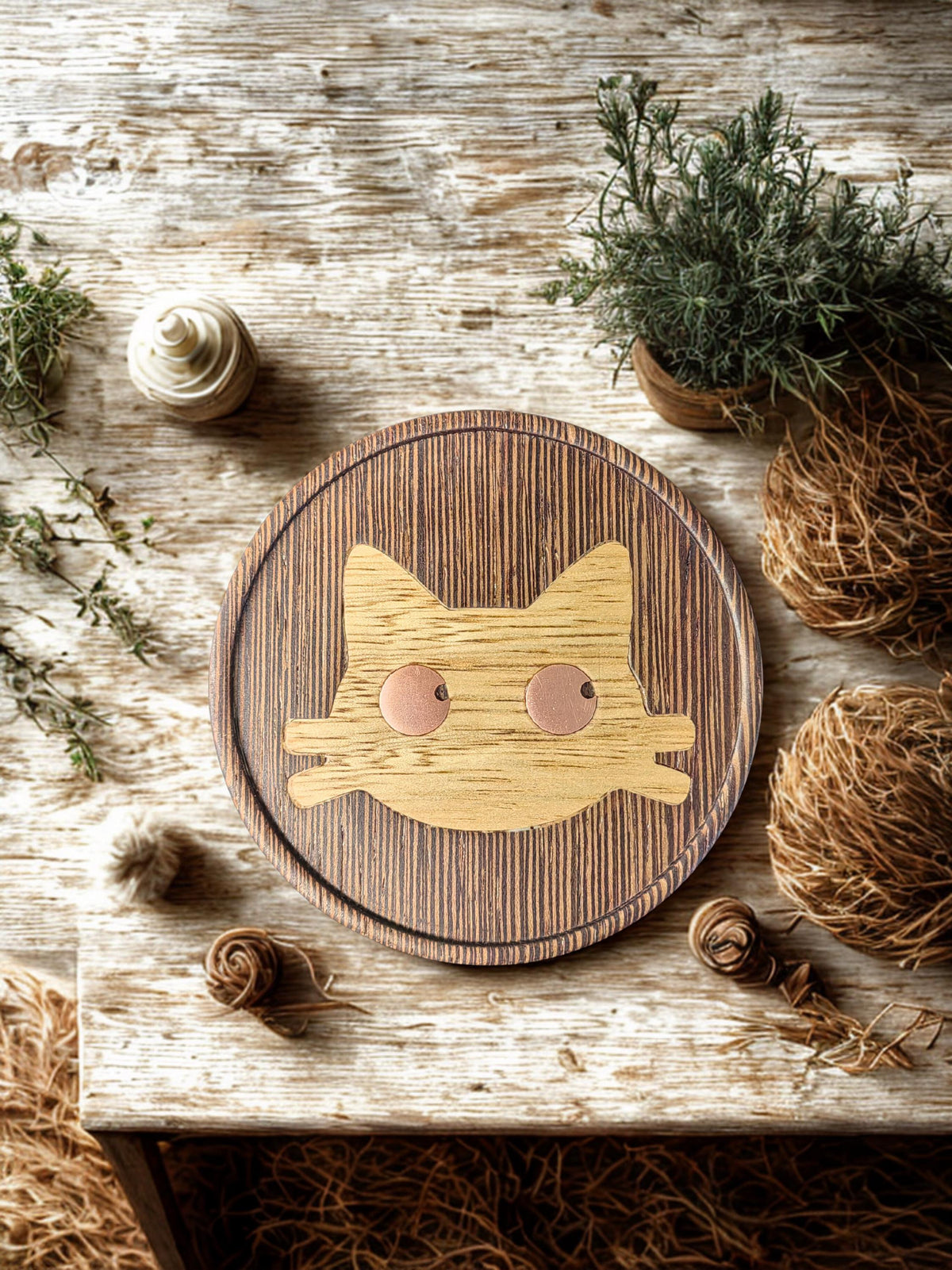 Wenge wood inlaid cat-themed coaster.