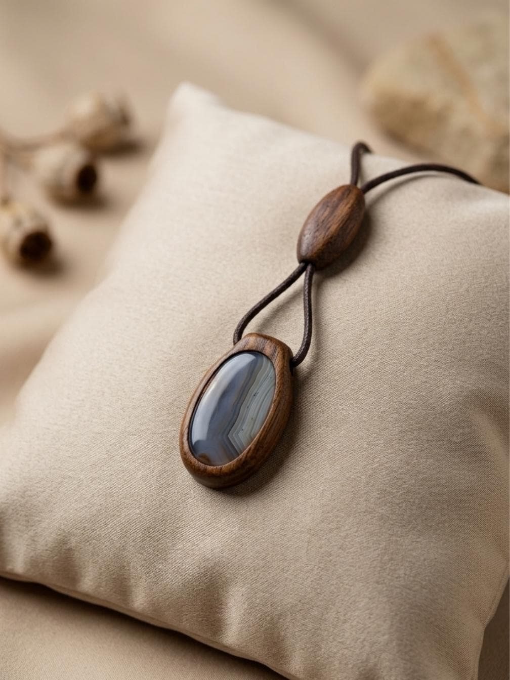 Double-Sided Wooden Pendant Necklace, Agate Stone, Seashell Epoxy, Bohemian Jewelry