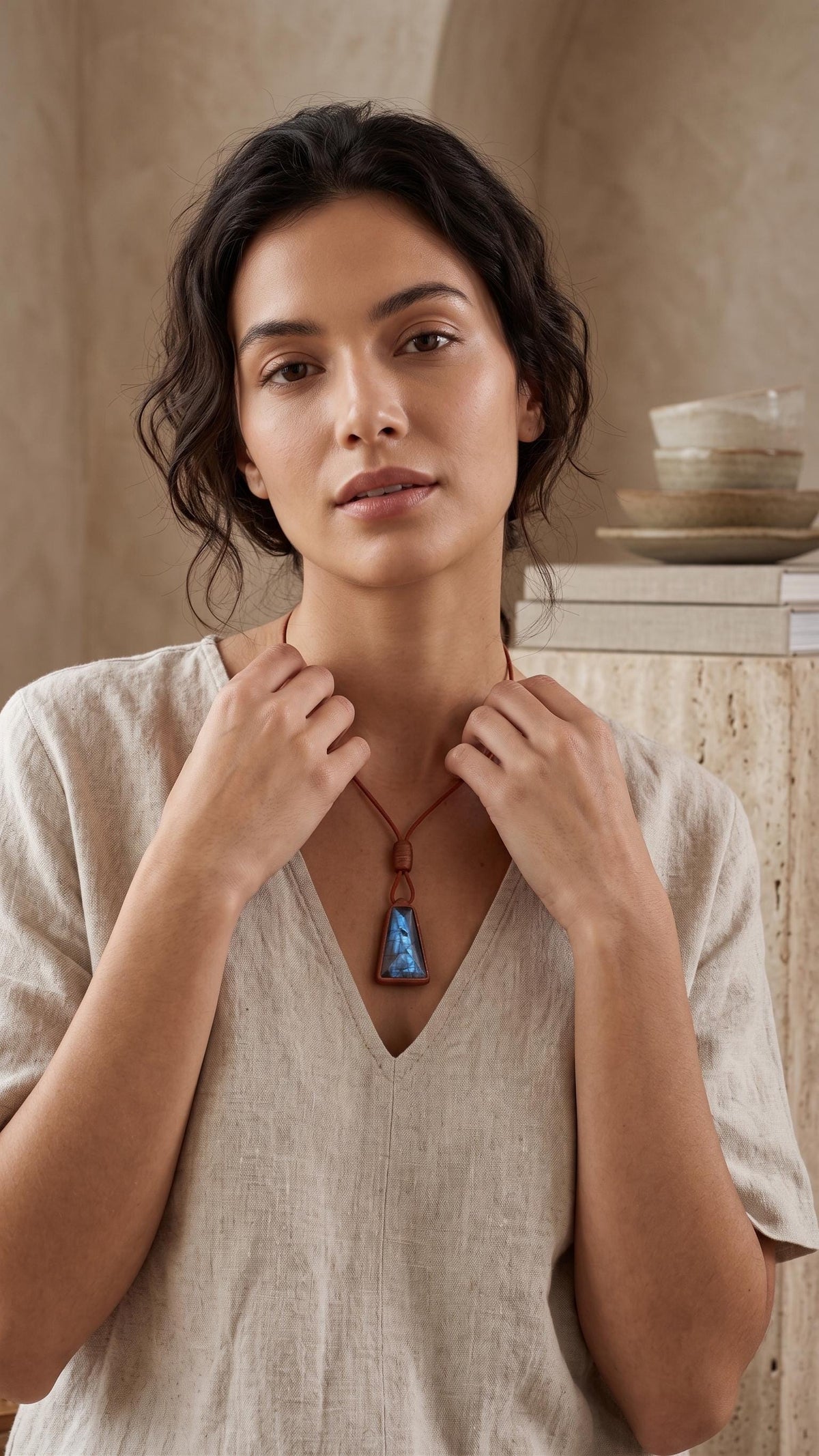 Labradorite Linden Flower Wood Pendant Necklace, Double-Sided Botanical Resin