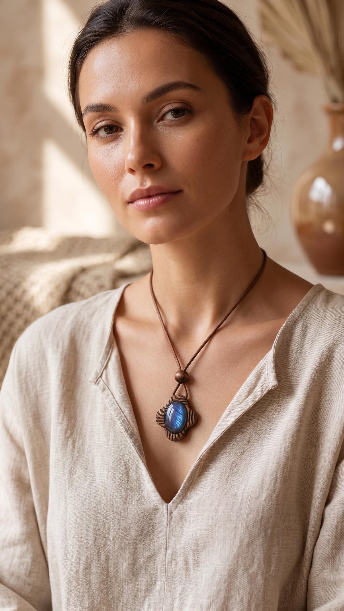Hand-Carved Walnut & Labradorite Pendant, Wave Motif Wood Jewelry, Blue Flash Stone Necklace