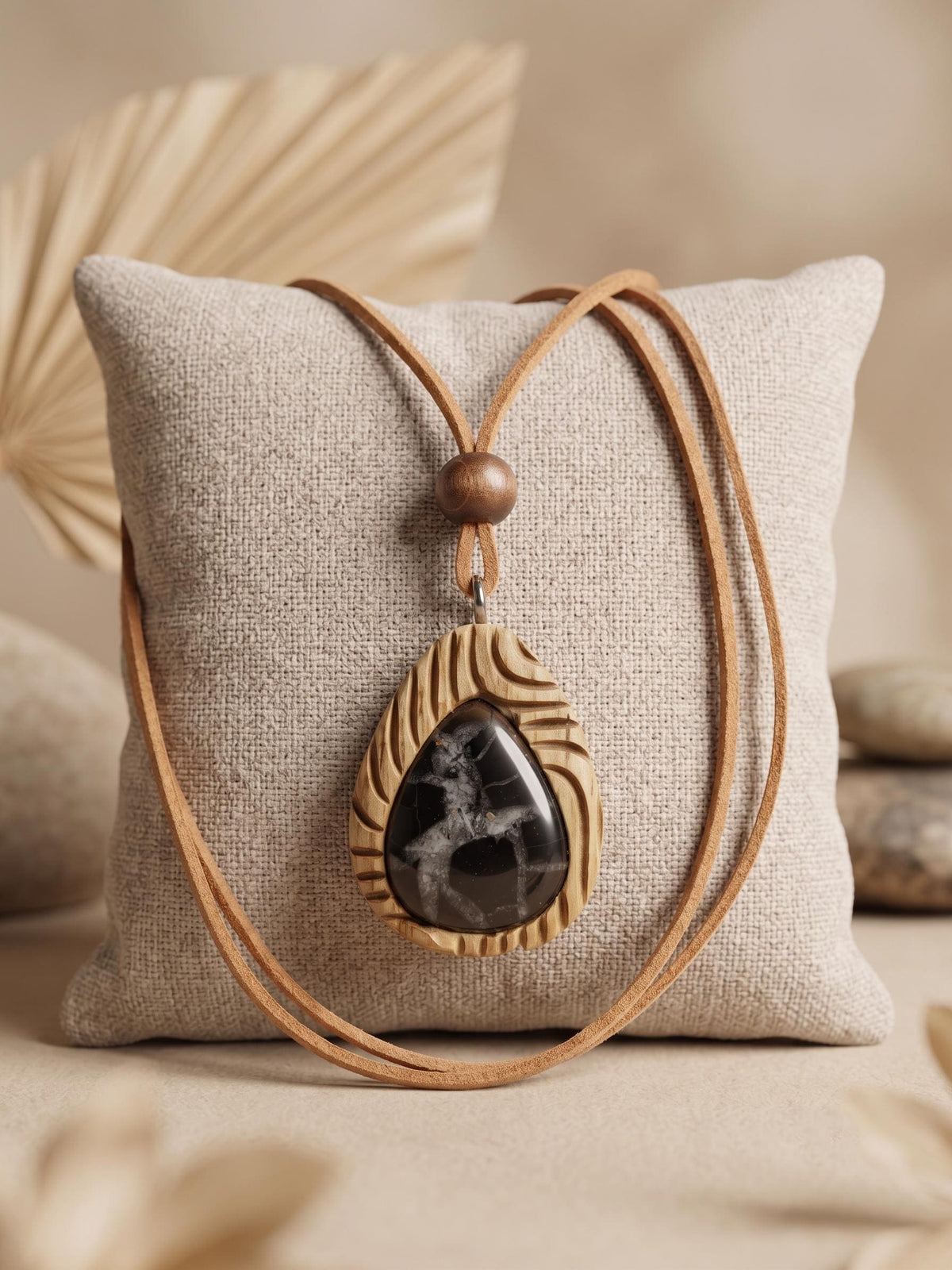 Black Septarian Oak Wood Pendant Necklace, Natural Crystal Healing Jewelry