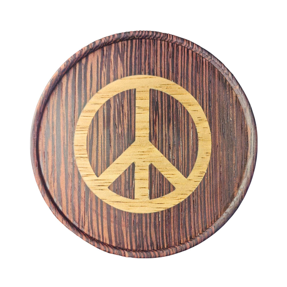 Wenge wood inlaid coaster. Nuclear disarmament symbol.