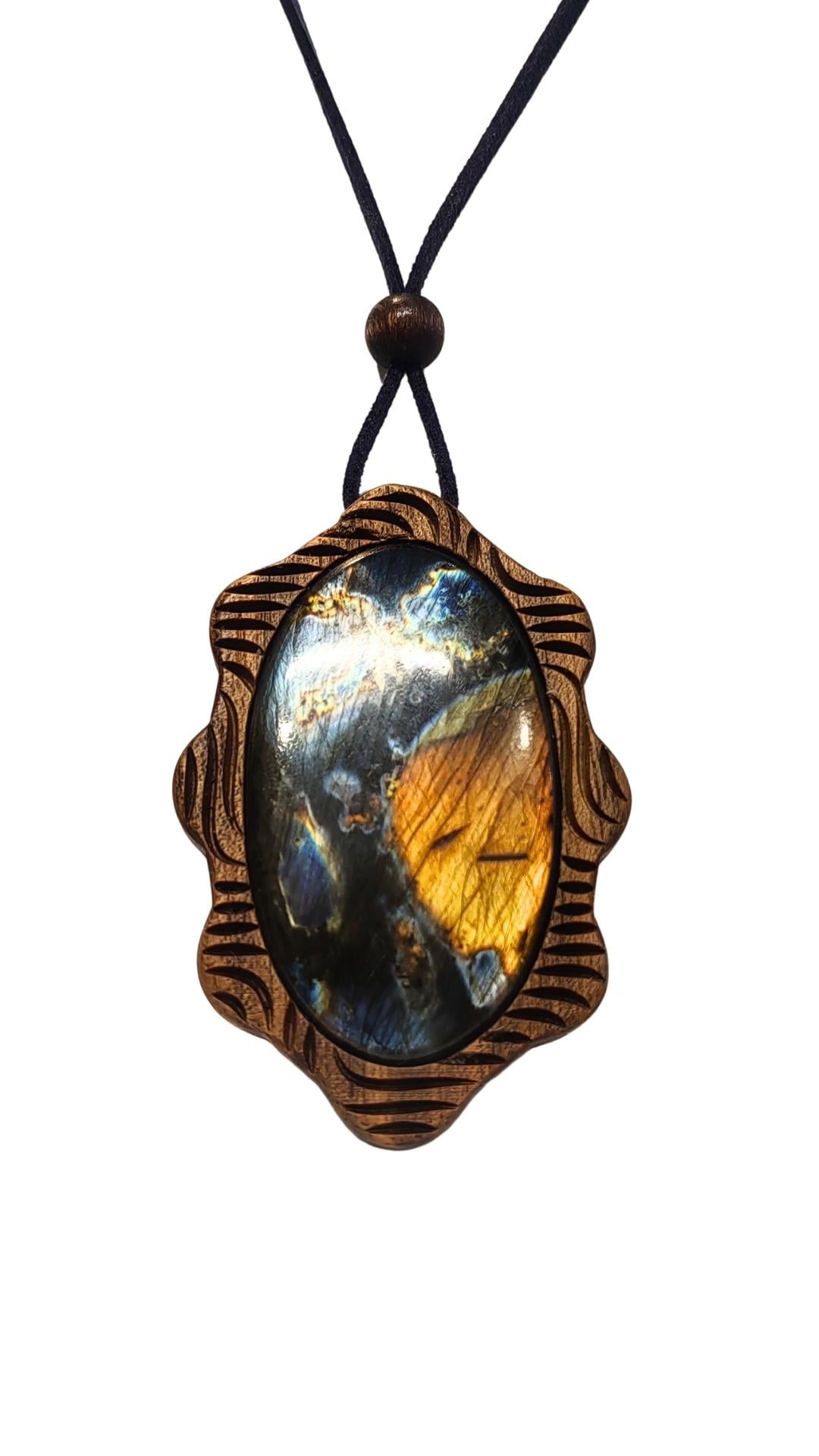 Large Labradorite Pendant Necklace, Carved American Walnut Wood, Wave Effect, Suede Cord