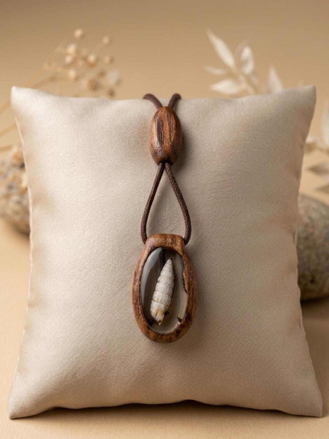 Double-Sided Wooden Pendant Necklace, Agate Stone, Seashell Epoxy, Bohemian Jewelry