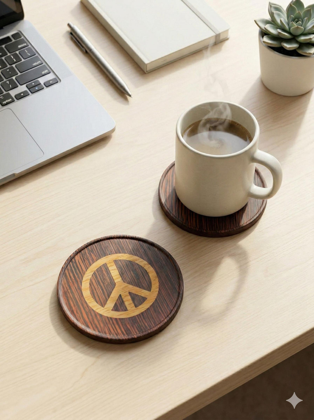 Wenge wood inlaid coaster. Nuclear disarmament symbol.