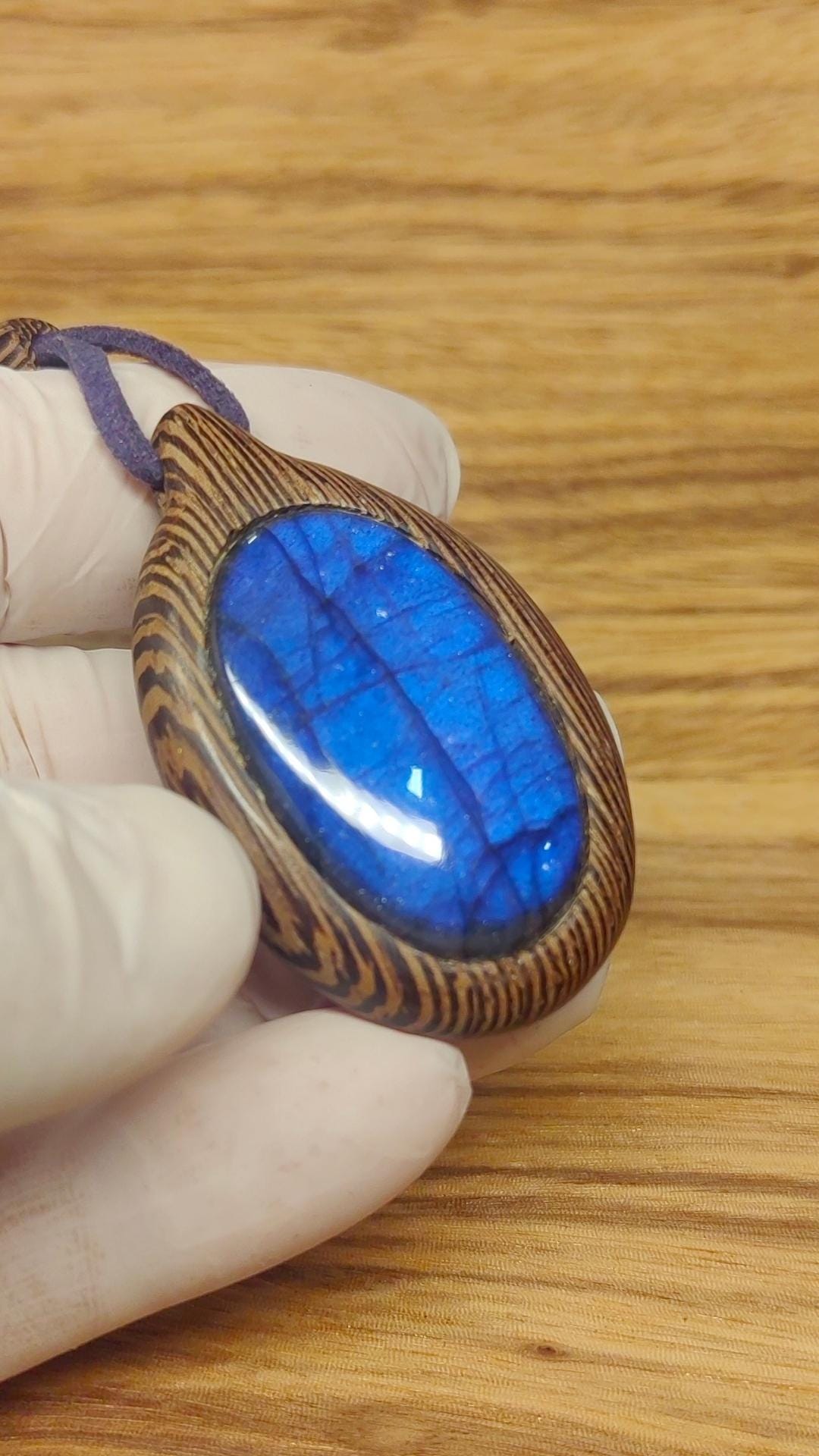 Wenge Wood Labradorite Pendant, Blue Suede Cord Necklace, Artisan Jewelry