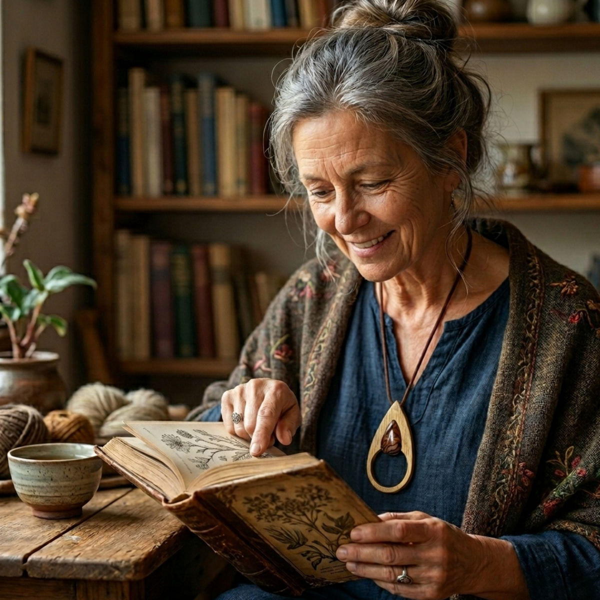 An elegant magnifying glass necklace where beech wood and Noreena Jasper come together.