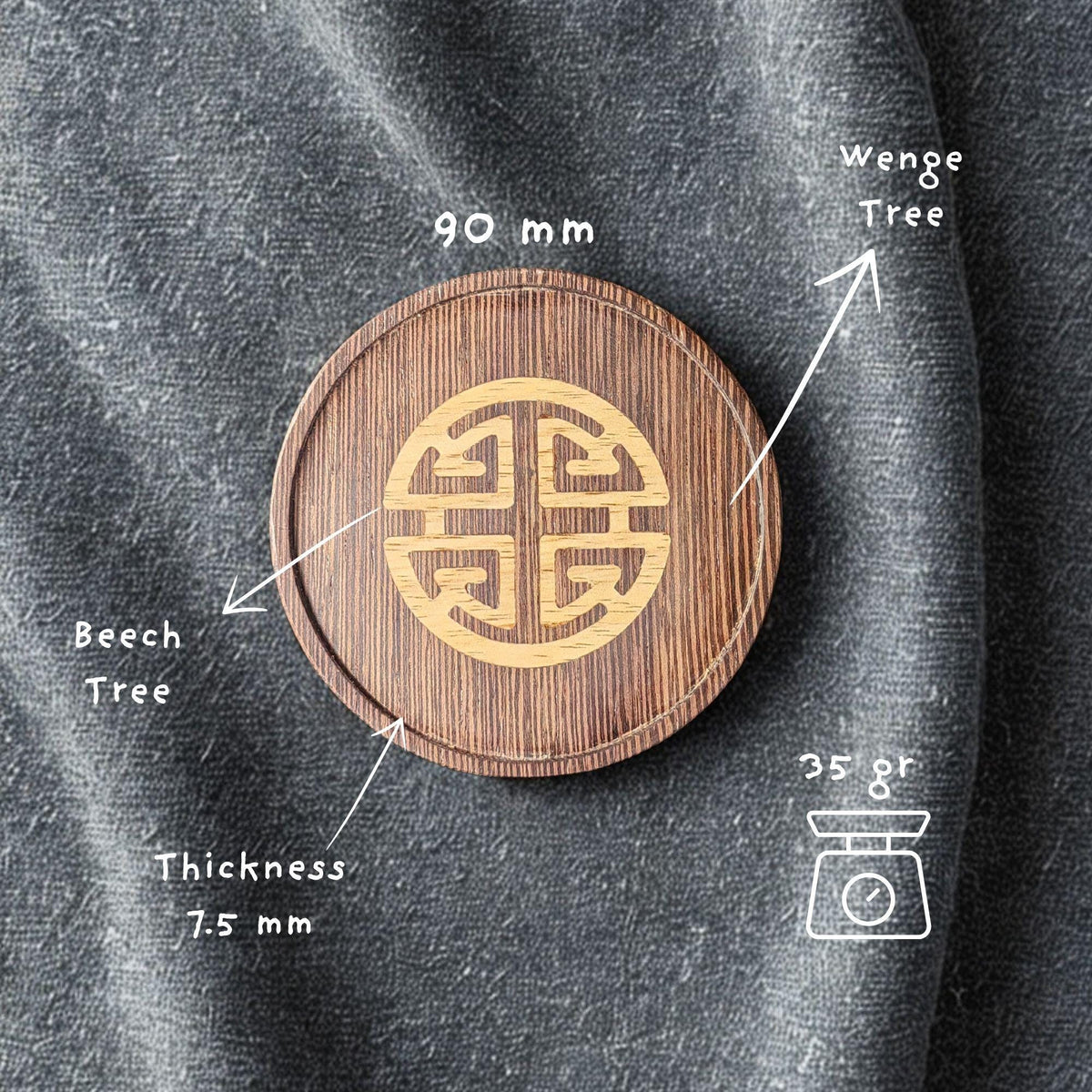 Wenge Wood Inlay Coaster with a "Symbol of Abundance" theme.