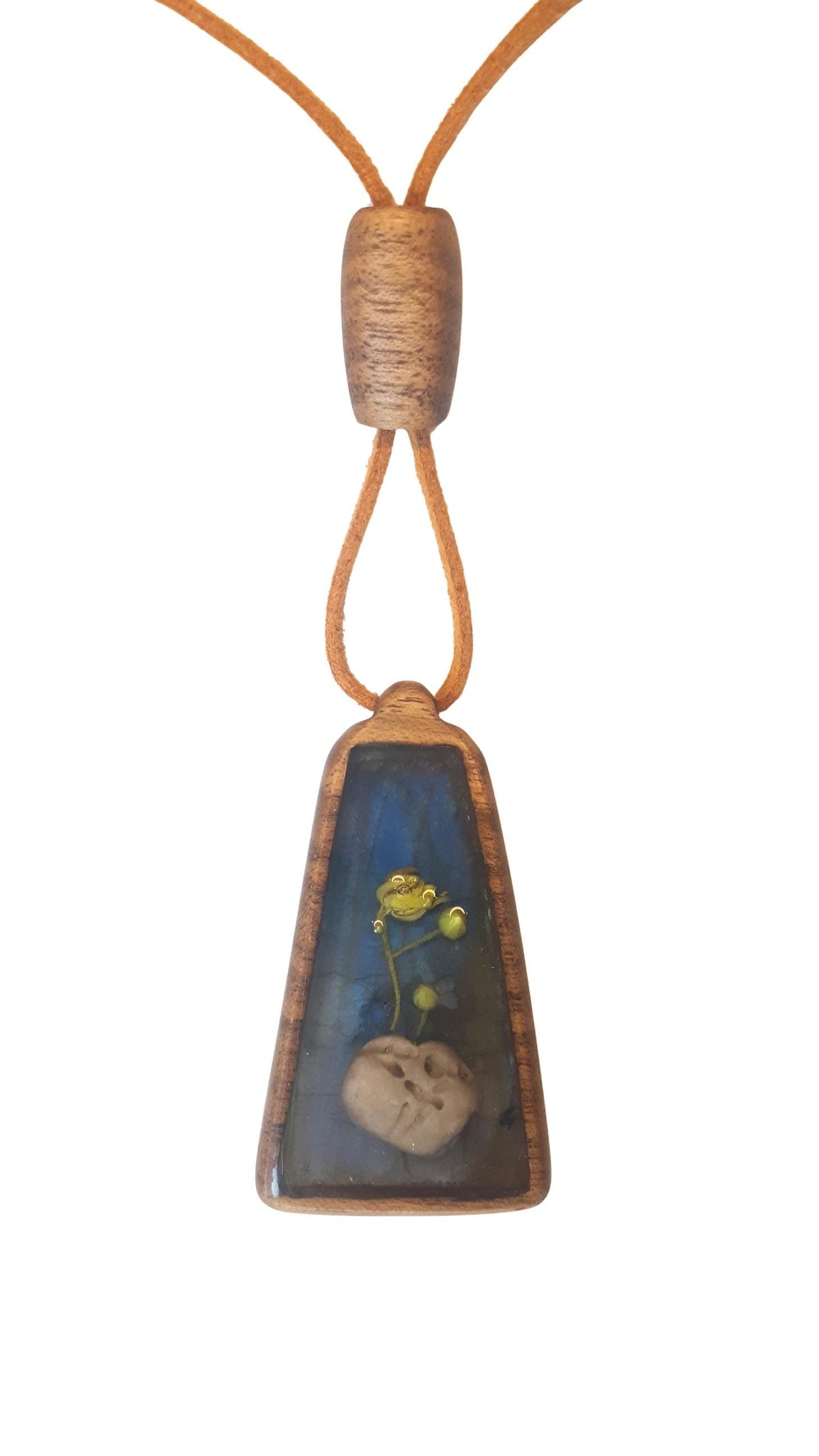 Labradorite Linden Flower Wood Pendant Necklace, Double-Sided Botanical Resin