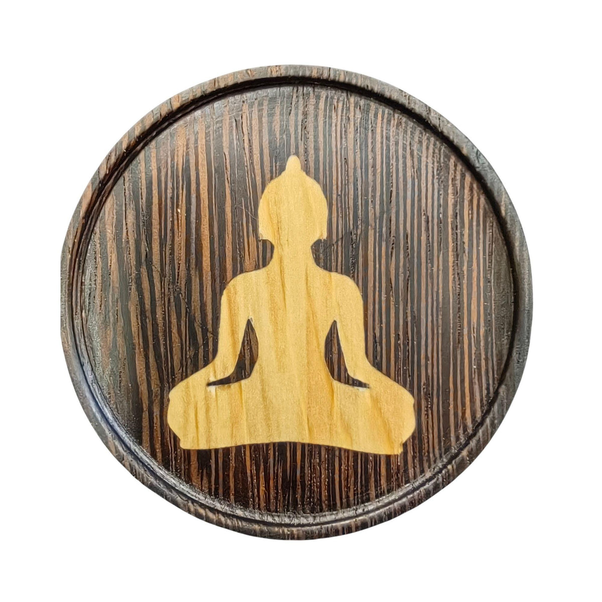 Wenge wood inlaid coaster with yoga theme.