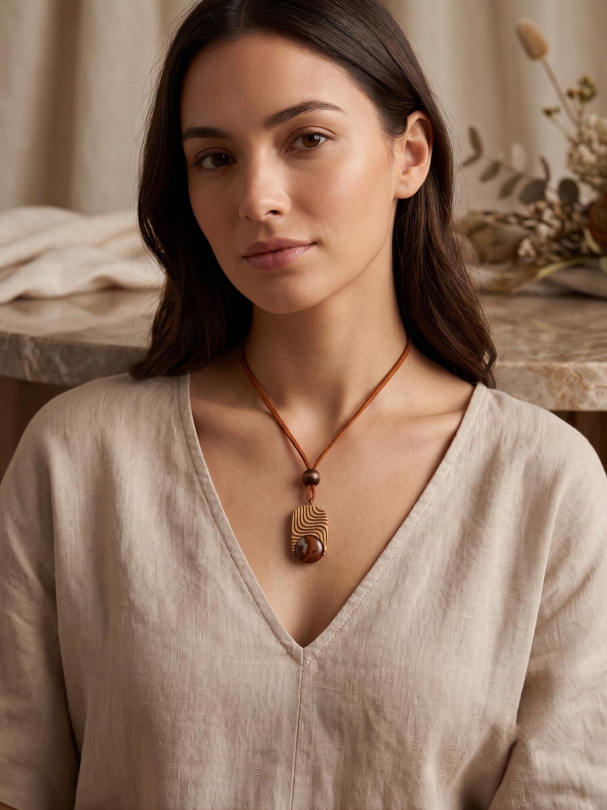 Handmade Norean Jasper and Oak Wood Necklace