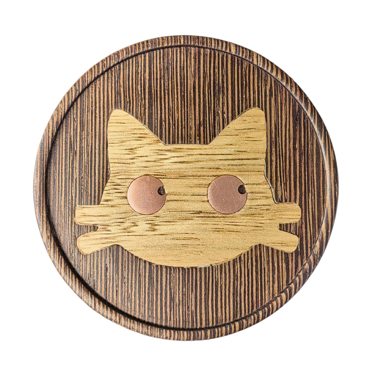 Wenge wood inlaid cat-themed coaster.