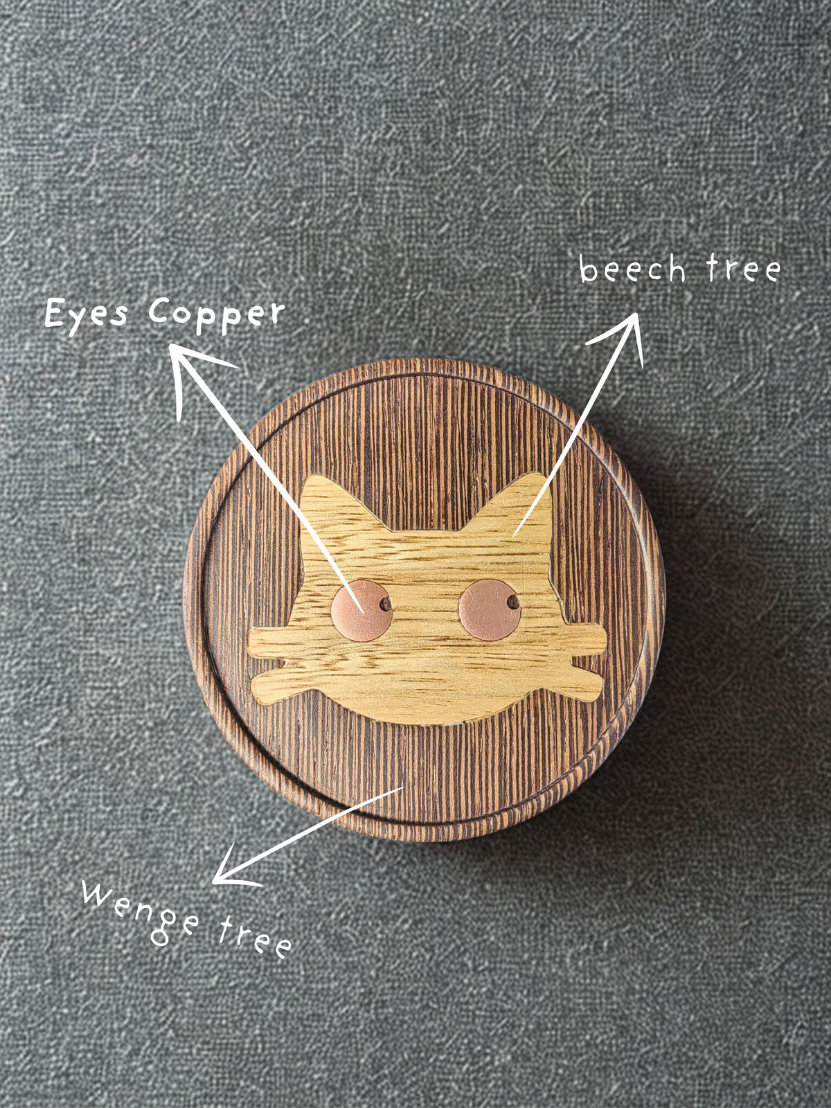 Wenge wood inlaid cat-themed coaster.