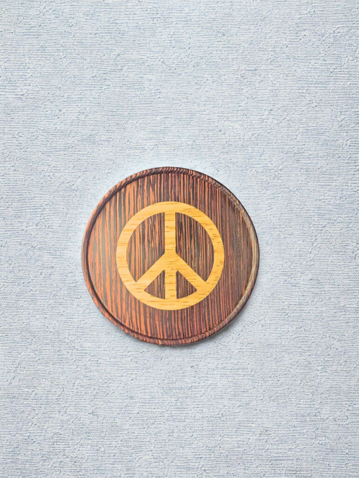 Wenge wood inlaid coaster. Nuclear disarmament symbol.