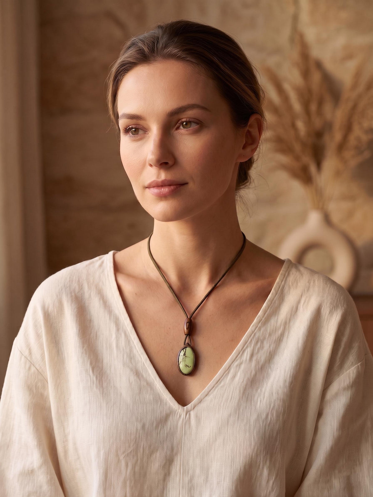 Lemon Chrysoprase Necklace, Handcarved American Walnut Wood Pendant, Boho Statement Jewelry