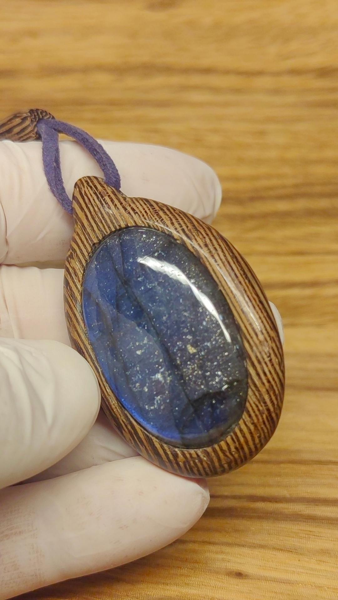 Wenge Wood Labradorite Pendant, Blue Suede Cord Necklace, Artisan Jewelry