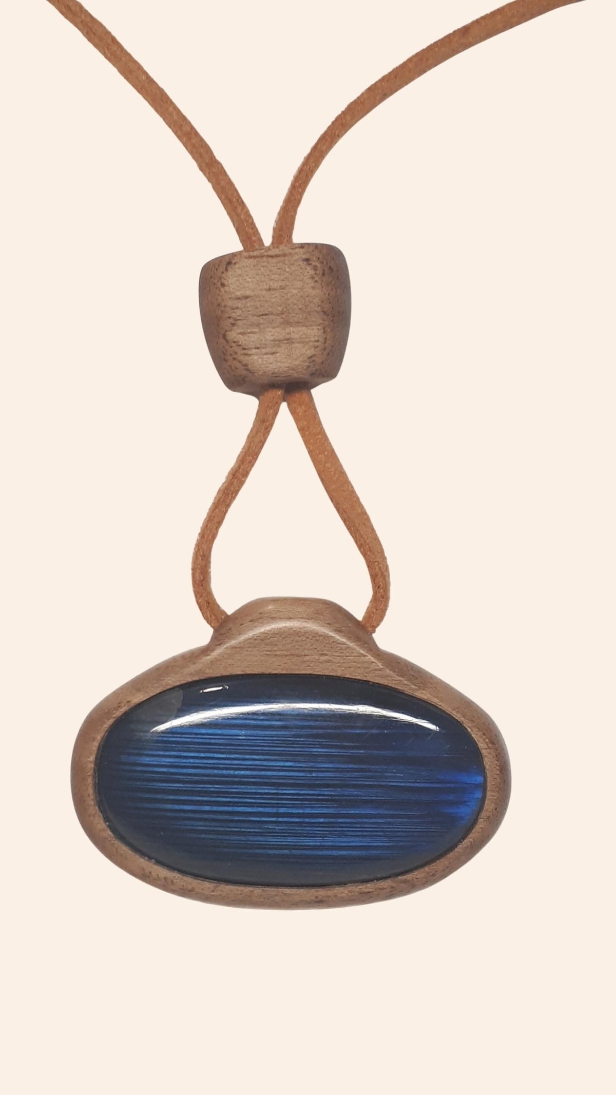 Reversible Artisan Pendant: Chatoyant Blue Labradorite & Dried Flower, Carved Walnut Frame
