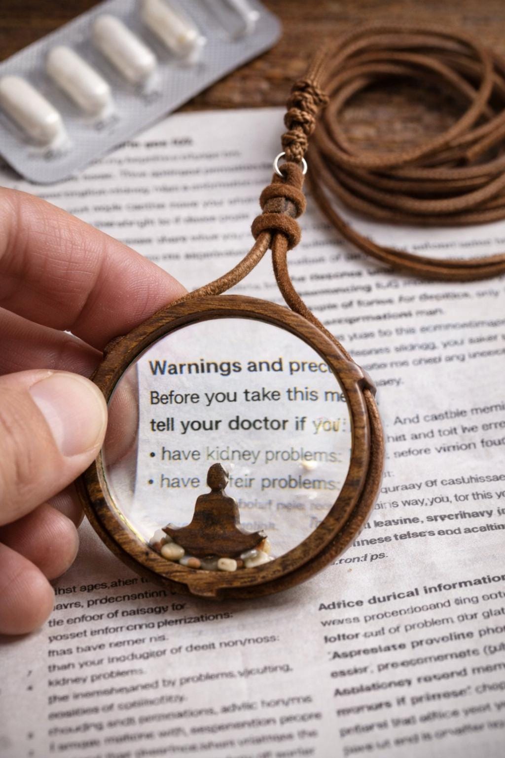 Zen-themed magnifying glass necklace with leather cord