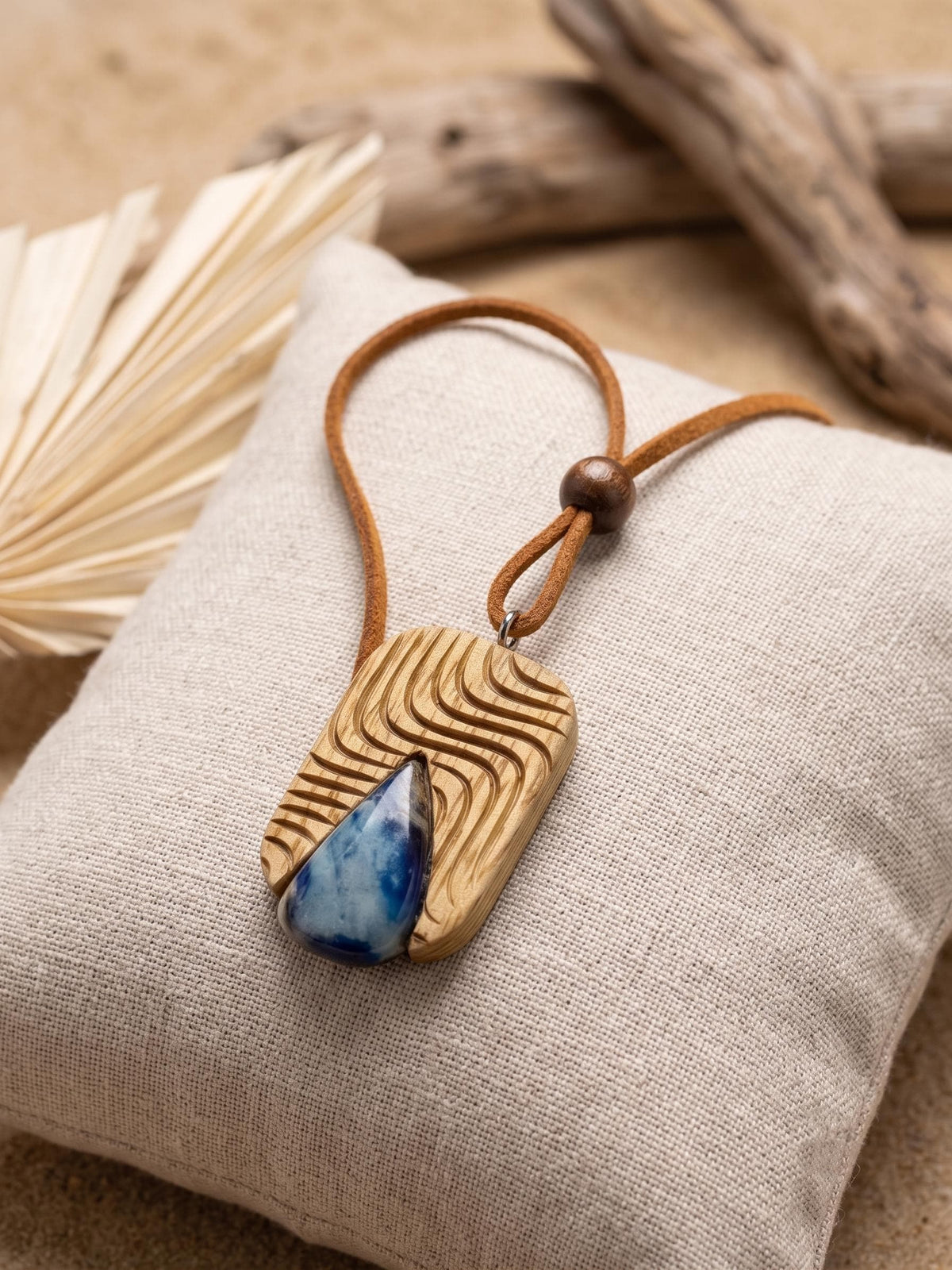Blue Agate Oak Wood Pendant, Spiritual Boho Necklace