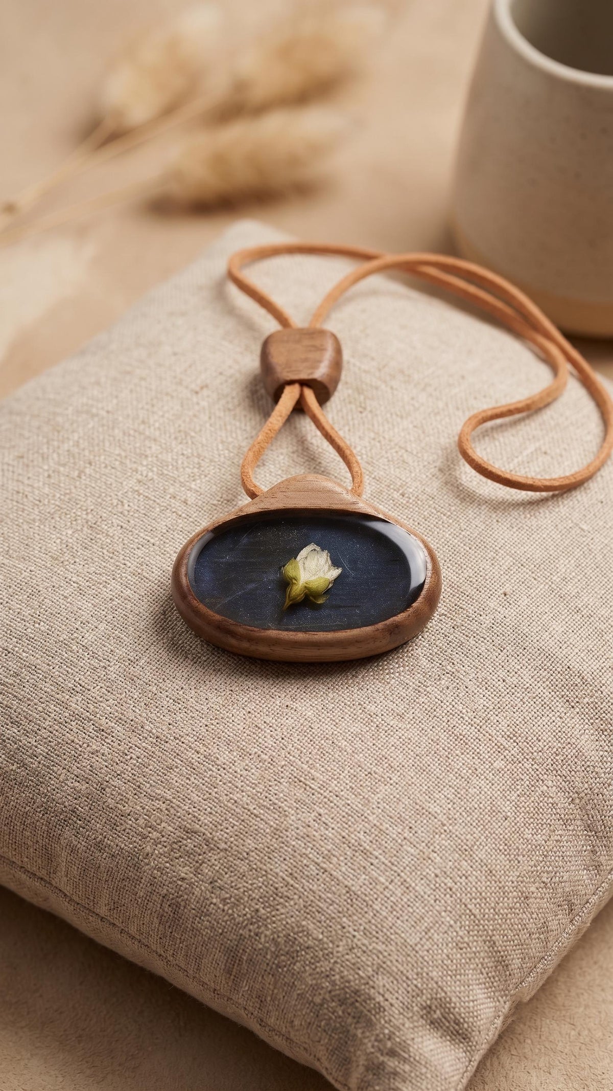 Reversible Artisan Pendant: Chatoyant Blue Labradorite & Dried Flower, Carved Walnut Frame