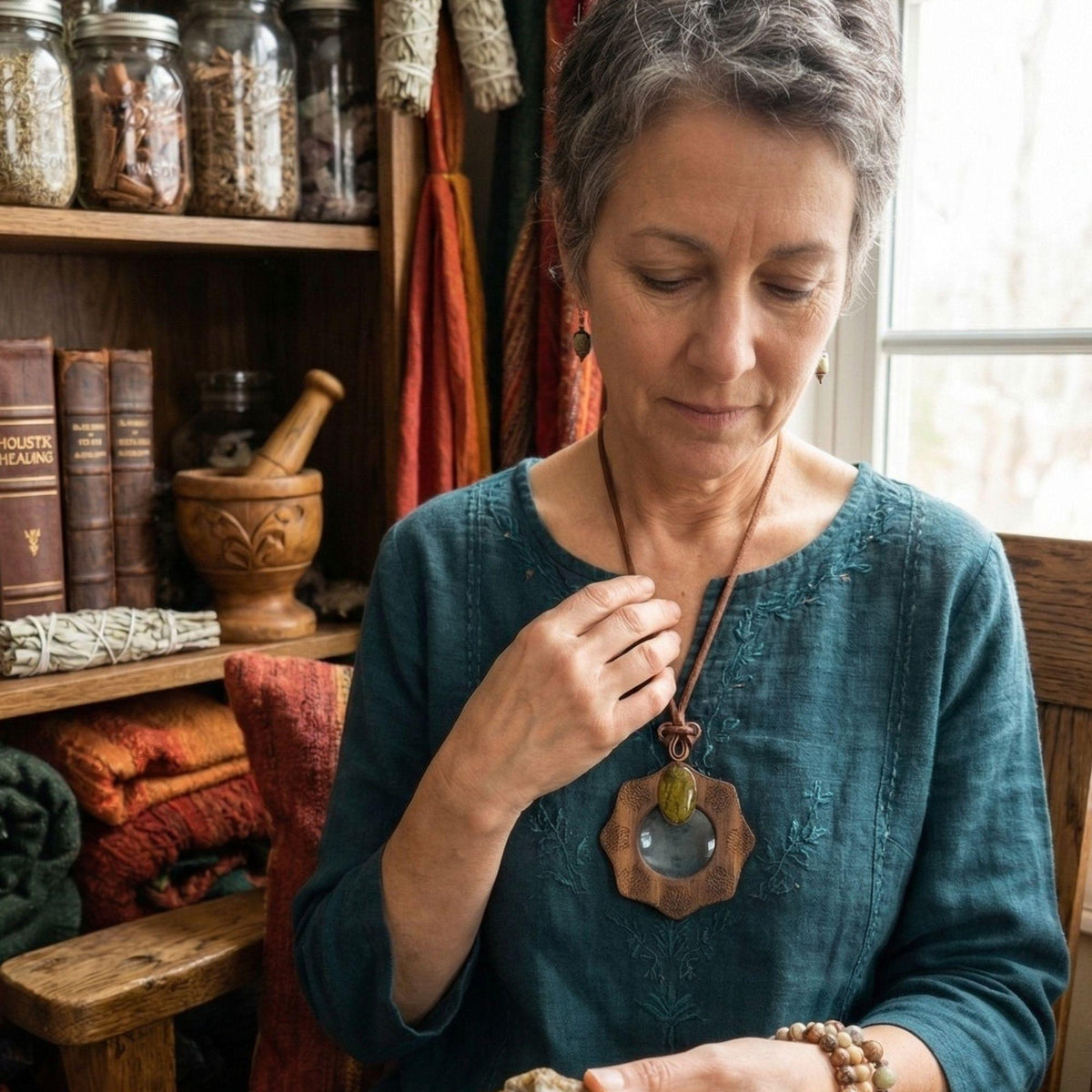 Magnifying glass necklace with nelite stone, mandala design, and adjustable leather cord.