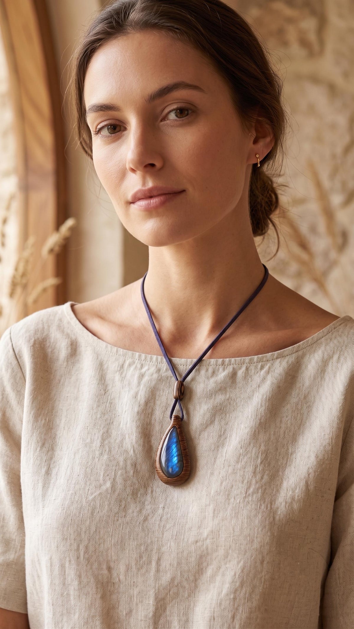 Drop Wenge Wood Labradorite Pendant, Blue Suede Cord Necklace, Artisan Jewelry