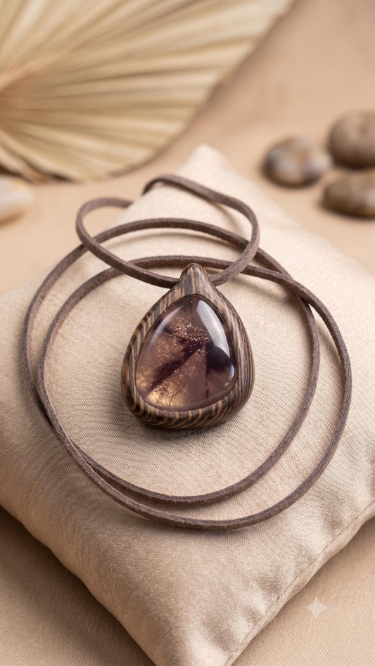 Wenge Wood Blue Opal Pendant Necklace | Gold Glitter Teardrop Boho Jewelry