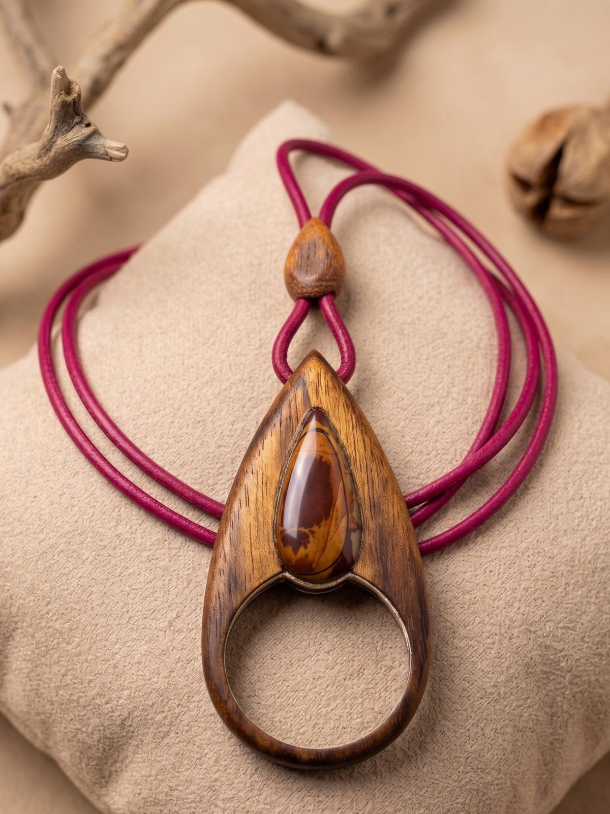 Walnut Wood Magnifying Glass Necklace, Noreena Jasper Pendant,