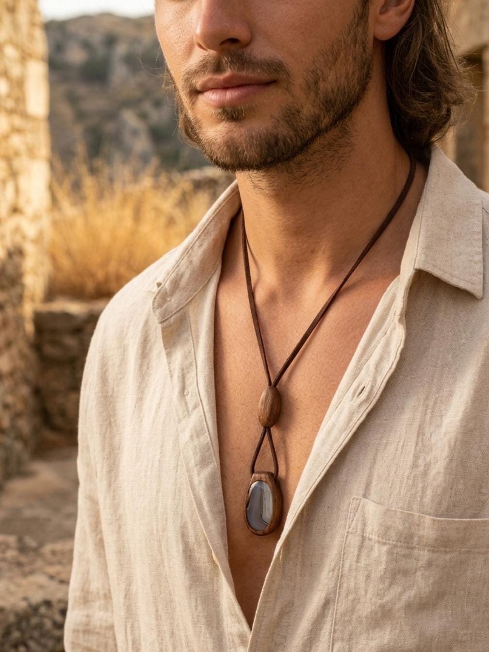 Double-Sided Wooden Pendant Necklace, Agate Stone, Seashell Epoxy, Bohemian Jewelry