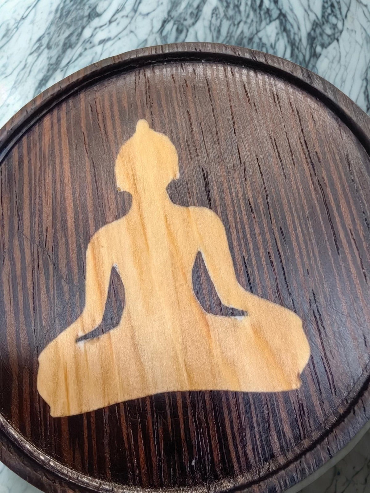 Wenge wood inlaid coaster with yoga theme.