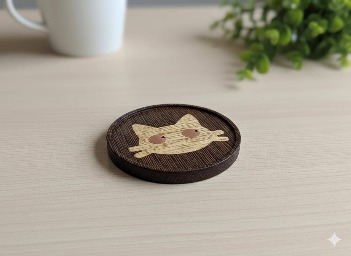 Wenge wood inlaid cat-themed coaster.