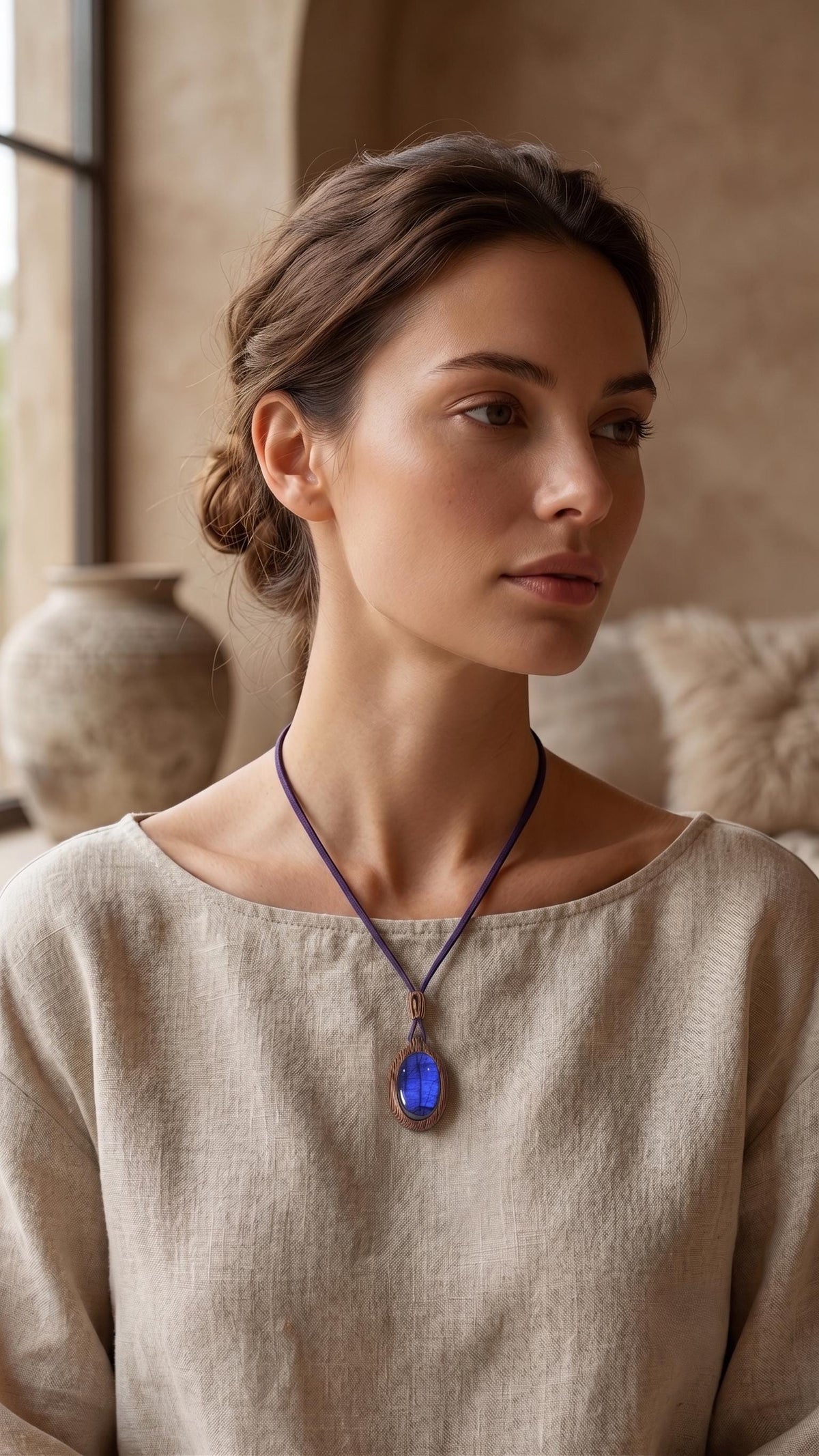 Wenge Wood Labradorite Pendant, Blue Suede Cord Necklace, Artisan Jewelry