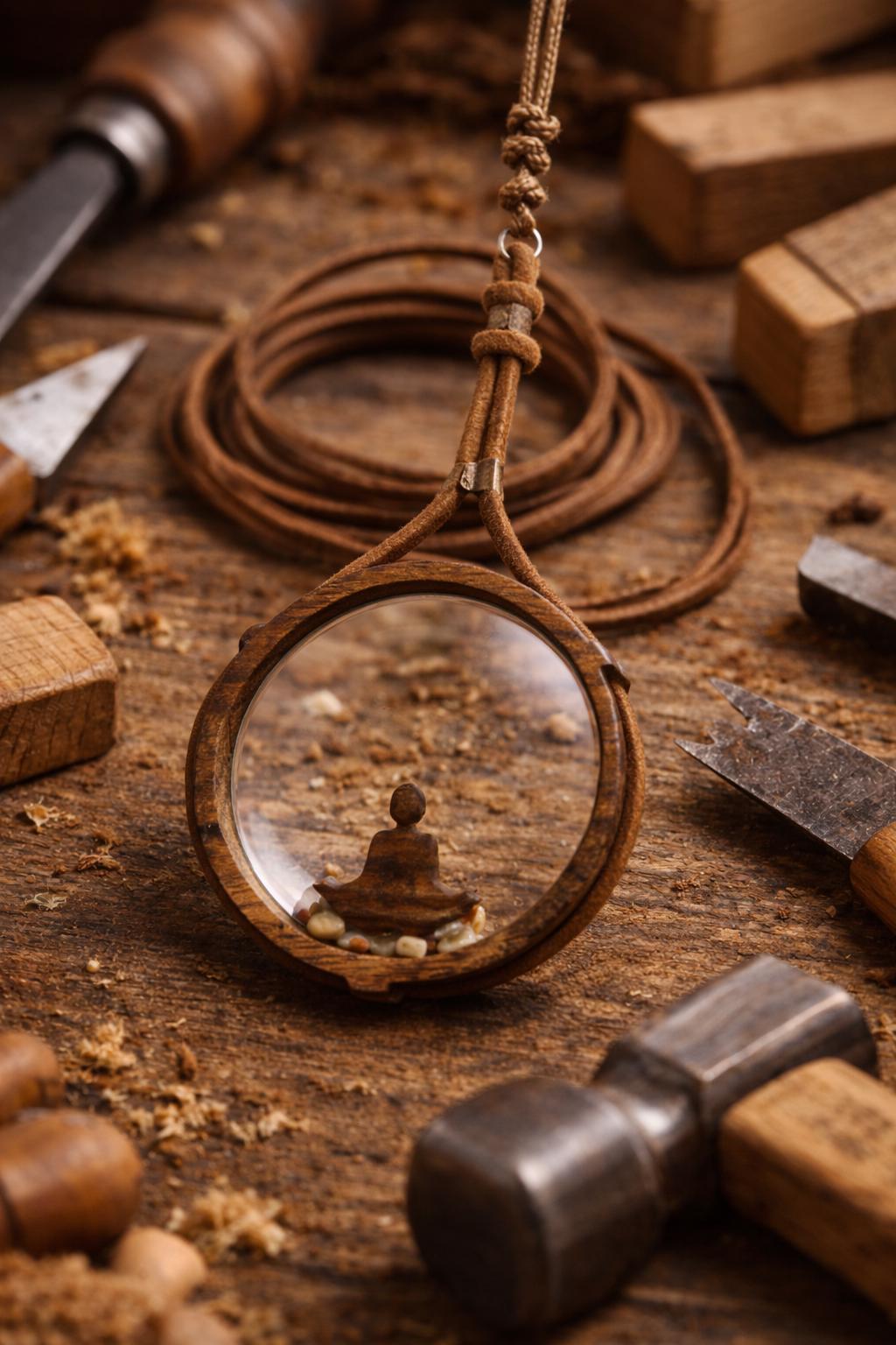 Zen-themed magnifying glass necklace with leather cord
