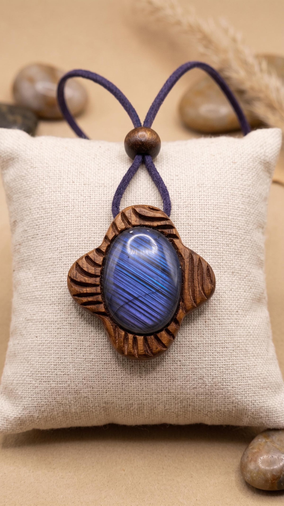 Hand-Carved Walnut & Labradorite Pendant, Wave Motif Wood Jewelry, Blue Flash Stone Necklace