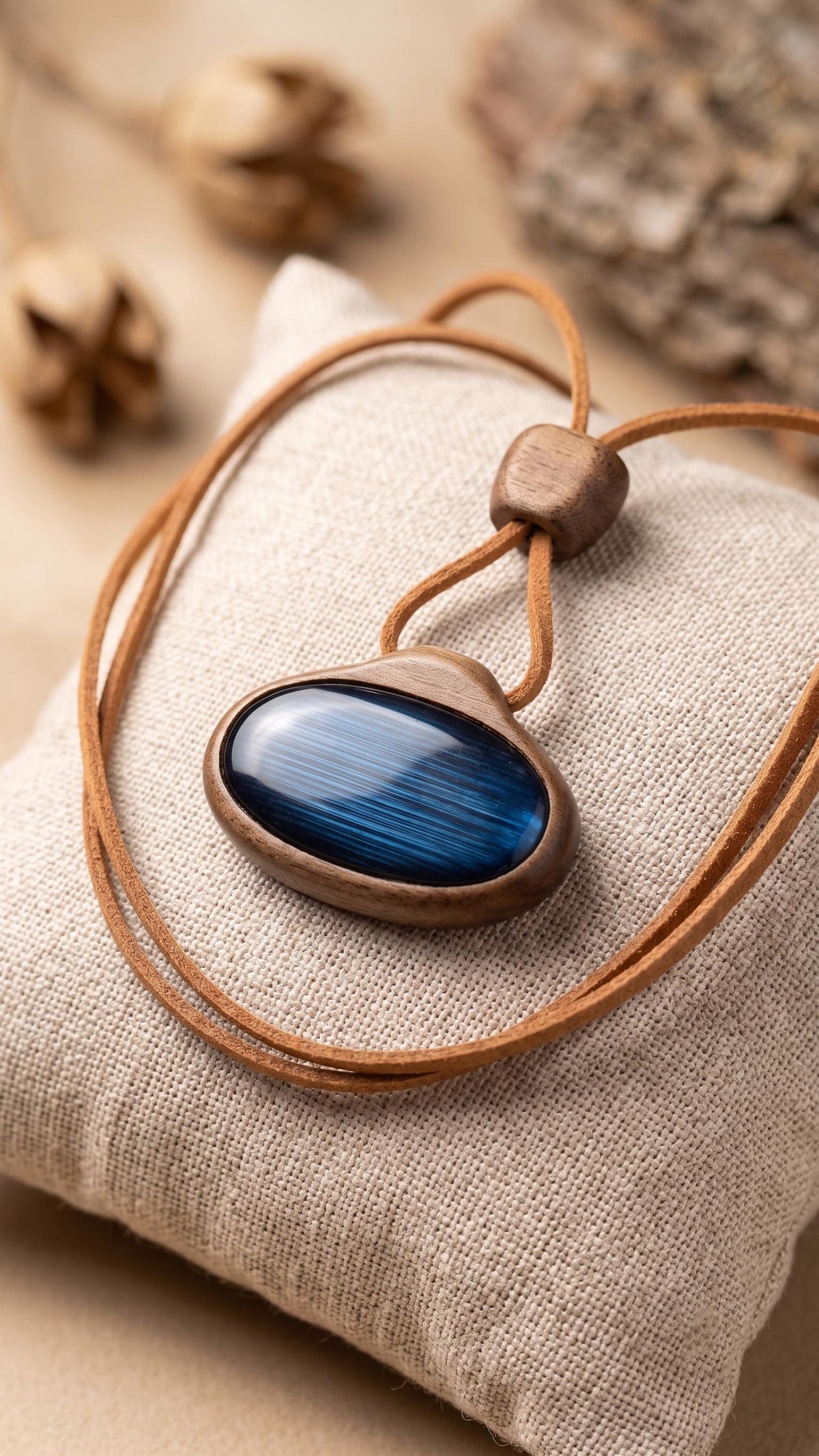 Reversible Artisan Pendant: Chatoyant Blue Labradorite & Dried Flower, Carved Walnut Frame