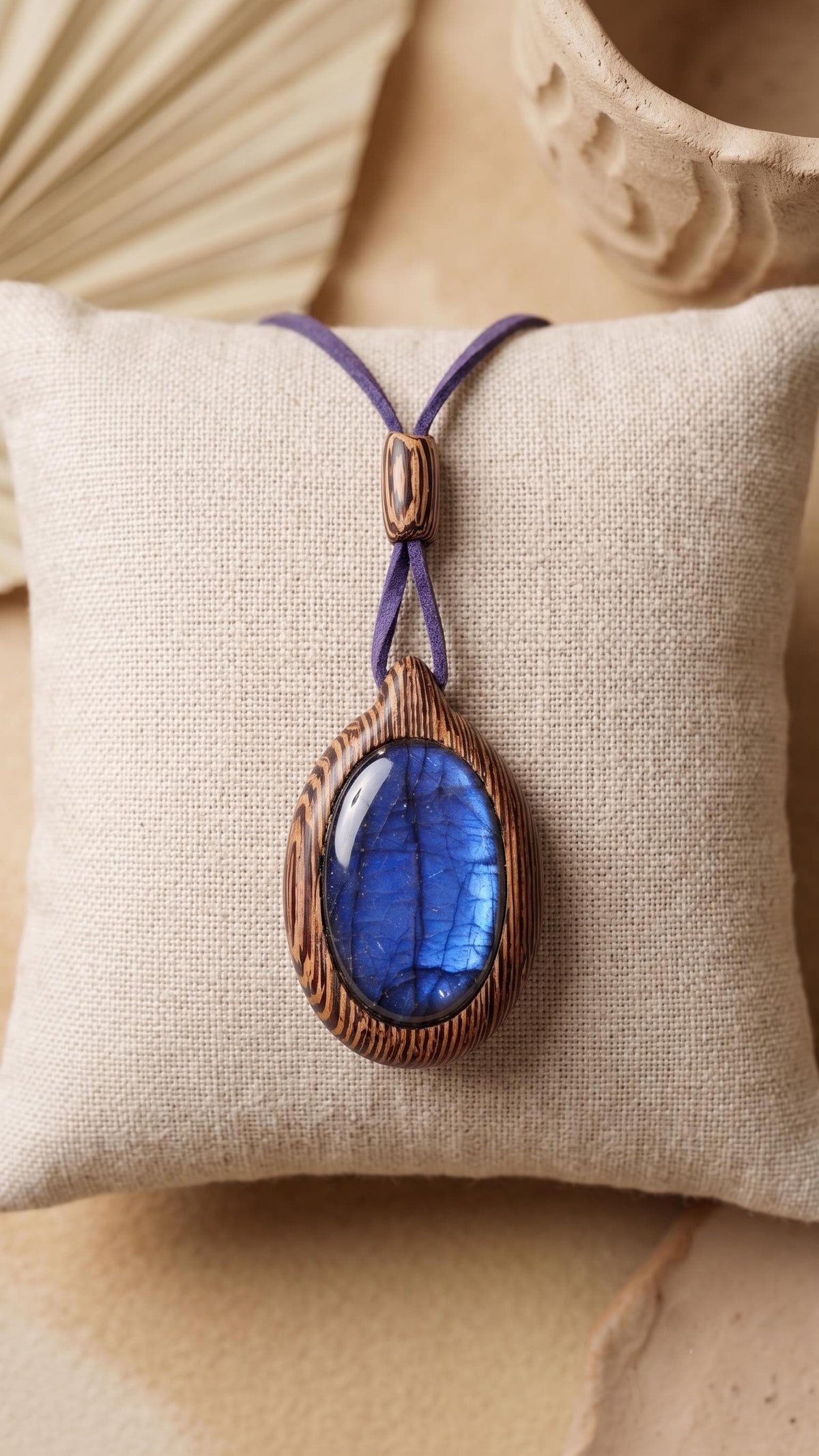 Wenge Wood Labradorite Pendant, Blue Suede Cord Necklace, Artisan Jewelry