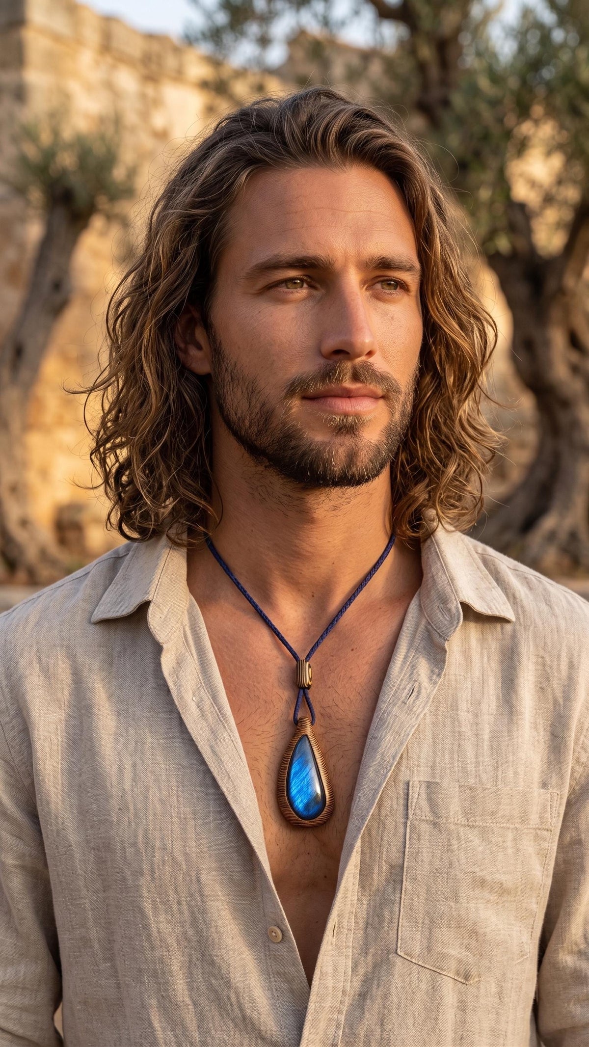 Drop Wenge Wood Labradorite Pendant, Blue Suede Cord Necklace, Artisan Jewelry