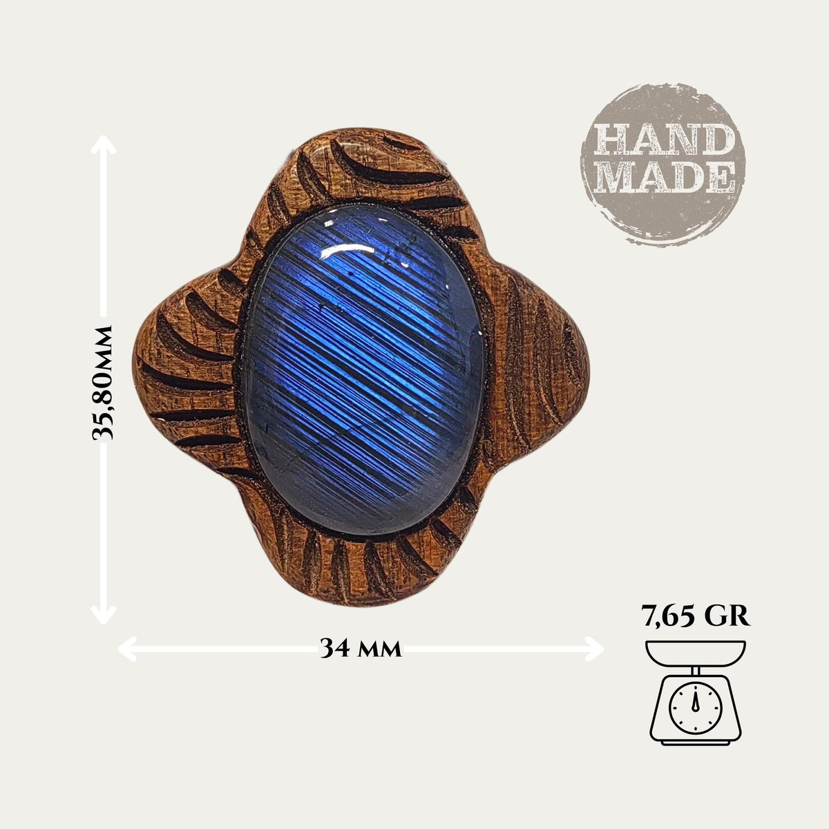Hand-Carved Walnut & Labradorite Pendant, Wave Motif Wood Jewelry, Blue Flash Stone Necklace