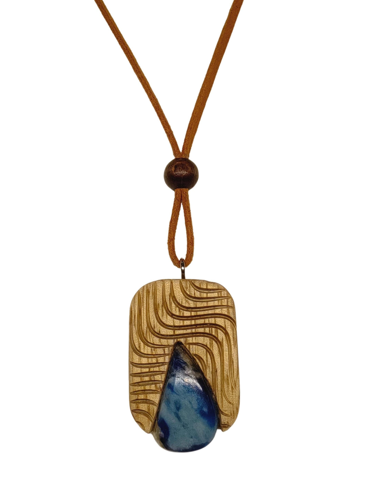 Blue Agate Oak Wood Pendant, Spiritual Boho Necklace