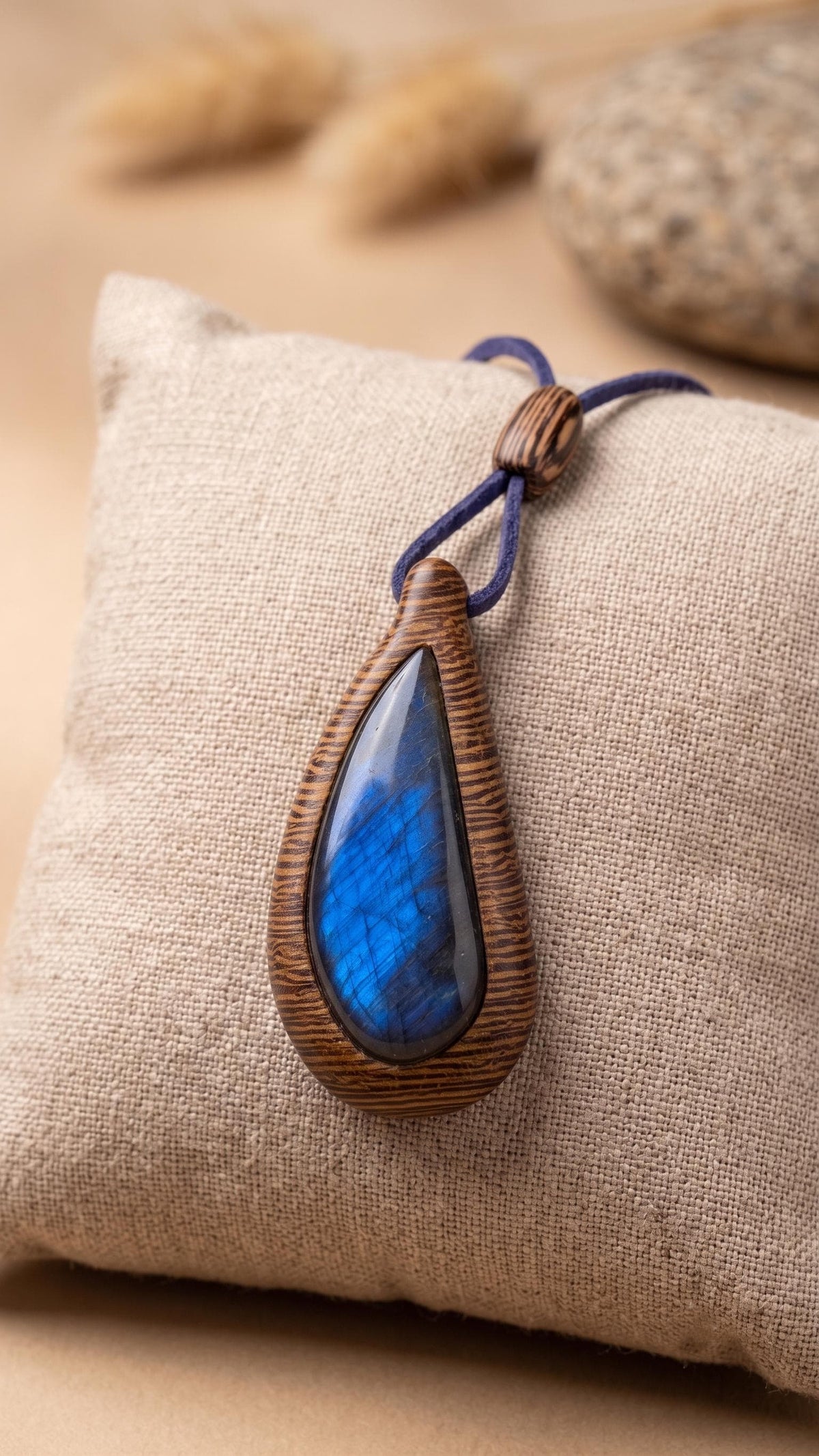 Drop Wenge Wood Labradorite Pendant, Blue Suede Cord Necklace, Artisan Jewelry